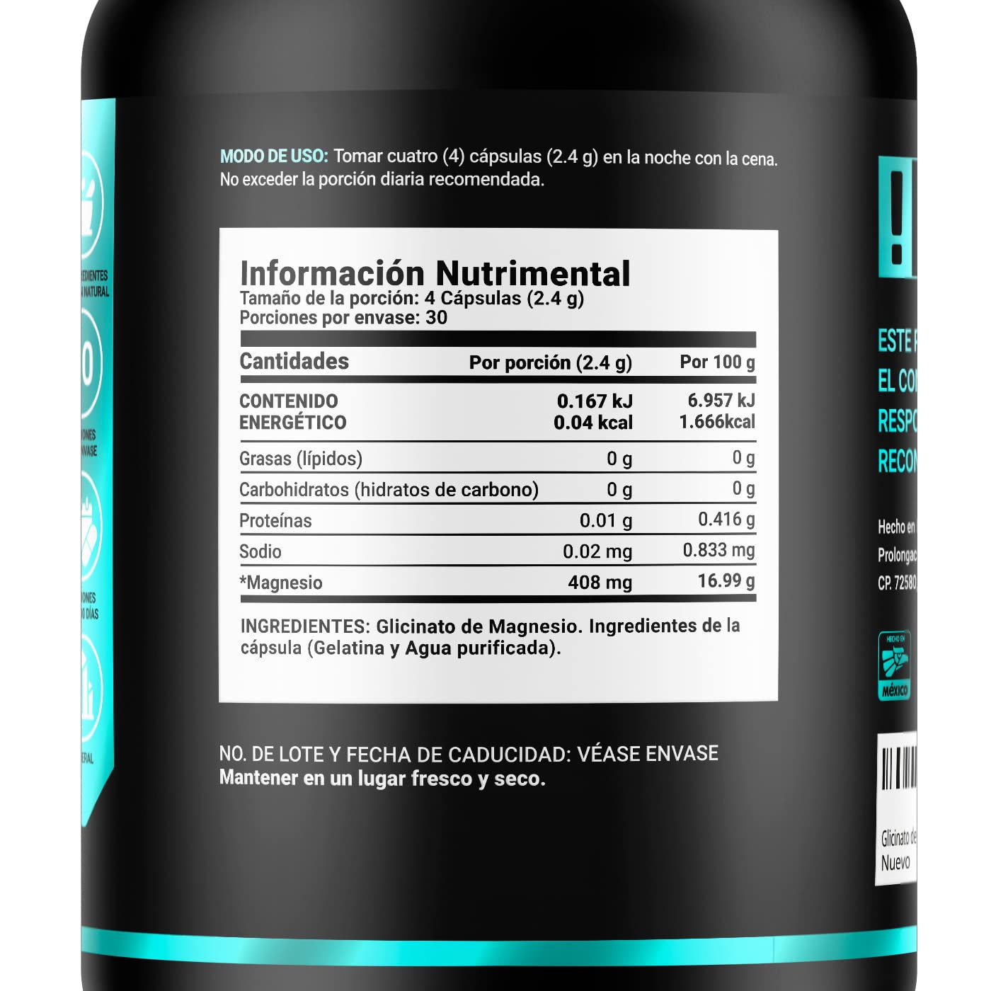 B Life Company Glicinato de Magnesio de 120 Cápsulas con 408 mg de alta absorción. Ingredientes Naturales. Glycinate Mag.