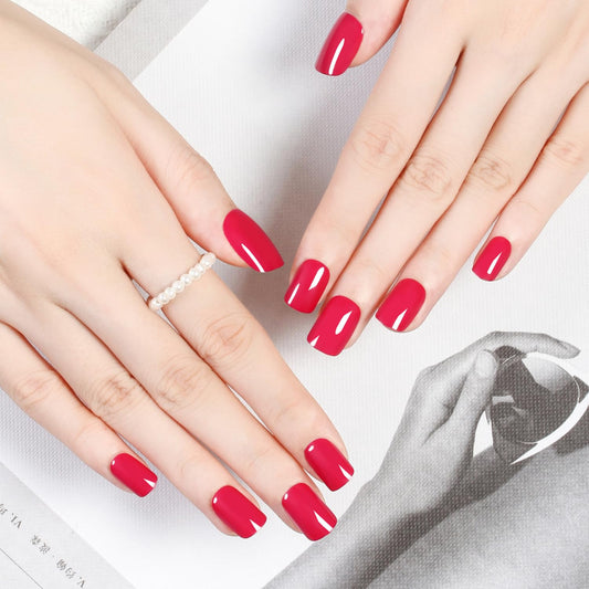 DMJWAN Uñas postizas cortas cuadradas de color sólido, gel suave, sin pegamento, reutilizables, acabado UV, calidad de salón, 24 unidades (rojo vino).