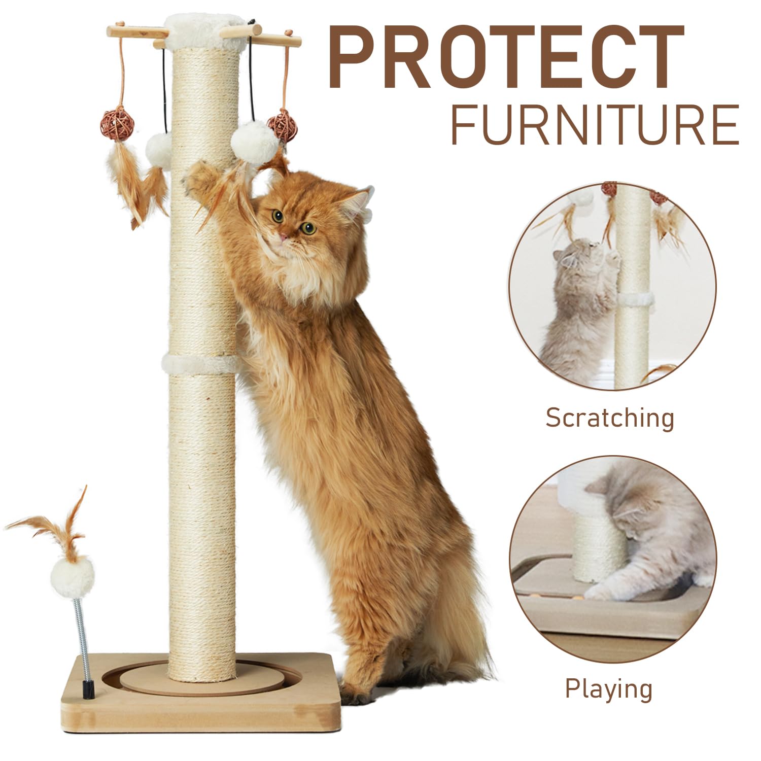 Poste Rascador PEEKAB Beige de 33 Pulgadas con Bola de Pista y Juguetes para Gatos de Interior