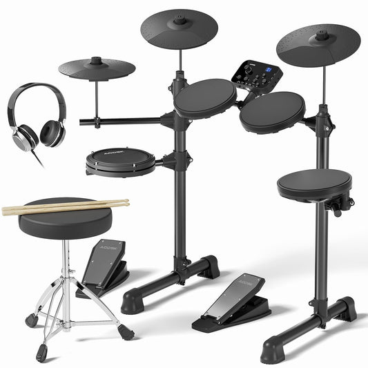 AODSK - Juego de batería electrónica para niños principiantes con 150 sonidos, con 4 almohadillas de tambor, 2 pedales de cambio, taburete, baquetas, auriculares de botón - AED-400