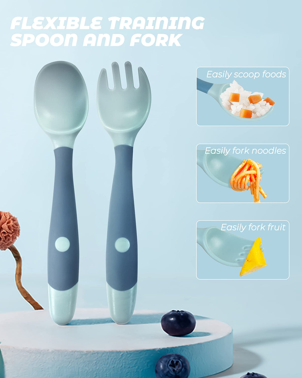 Juego de 10 utensilios para niños, cucharas y tenedores con mango plegable, 5 tenedores y 5 cucharas para niños, juego de alimentación para bebés para autoalimentación, tenedores de cucharas de