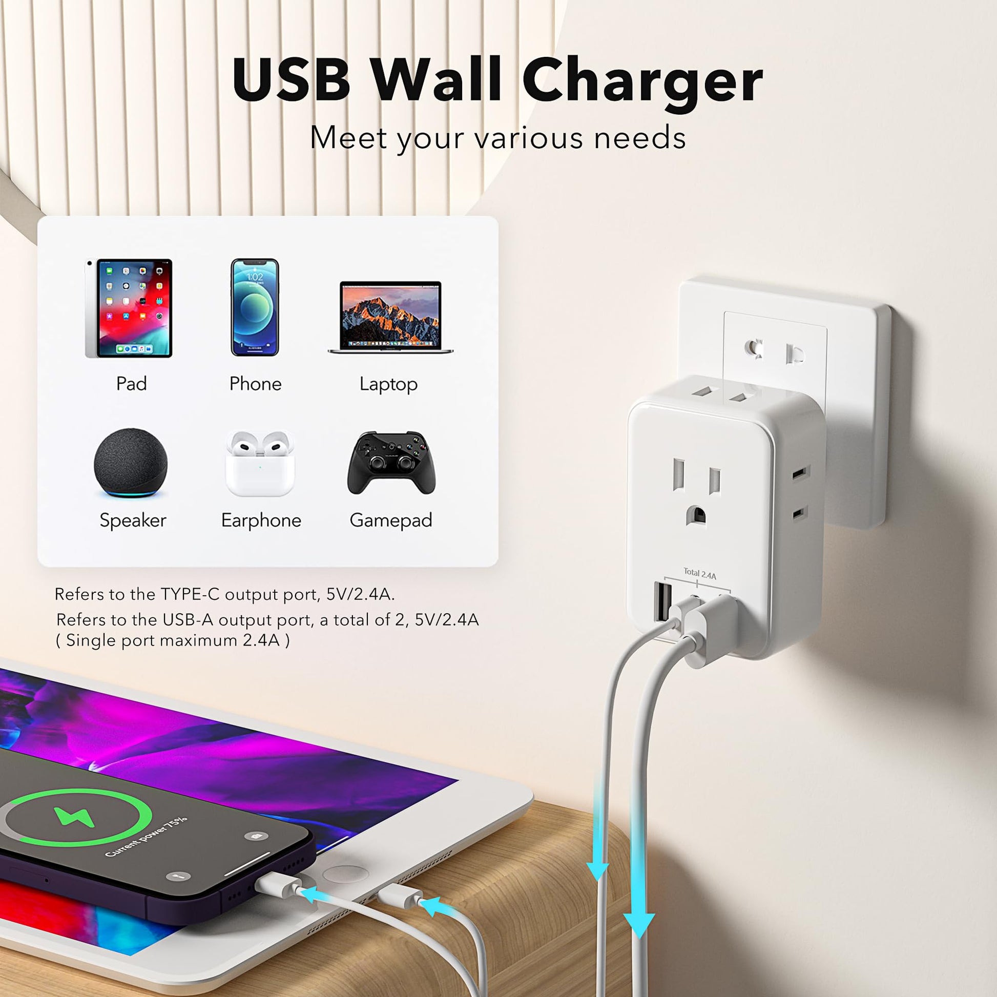 BN-LINK - Extensor de Enchufe múltiple con Salidas de CA y Puertos USB, Divisor de Salida con 3 Puertos USB (1 USB C), Adaptador de Cargador de Pared para recámara, Escuela, Viajes, Oficina, hogar (4