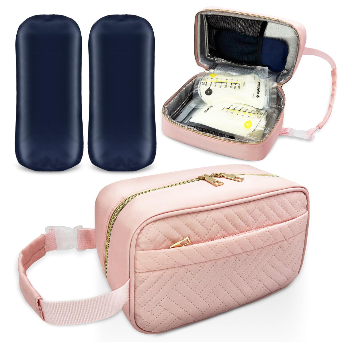 Bolsa de almacenamiento de leche materna impermeable con 2 paquetes de hielo grandes - Bolsa de refrigeración aislada para viaje con hebilla y asa colgante para guardería y viajes de bebé (Rosa)