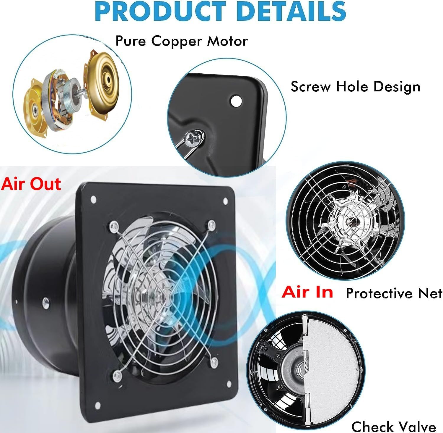 Aydomer - Ventilador de escape de 78 W para instalación a través de la pared, ventilador de escape de 110 V con enchufe, ventilador de humo de escape de 8 pulgadas con motor de cobre puro ligero para