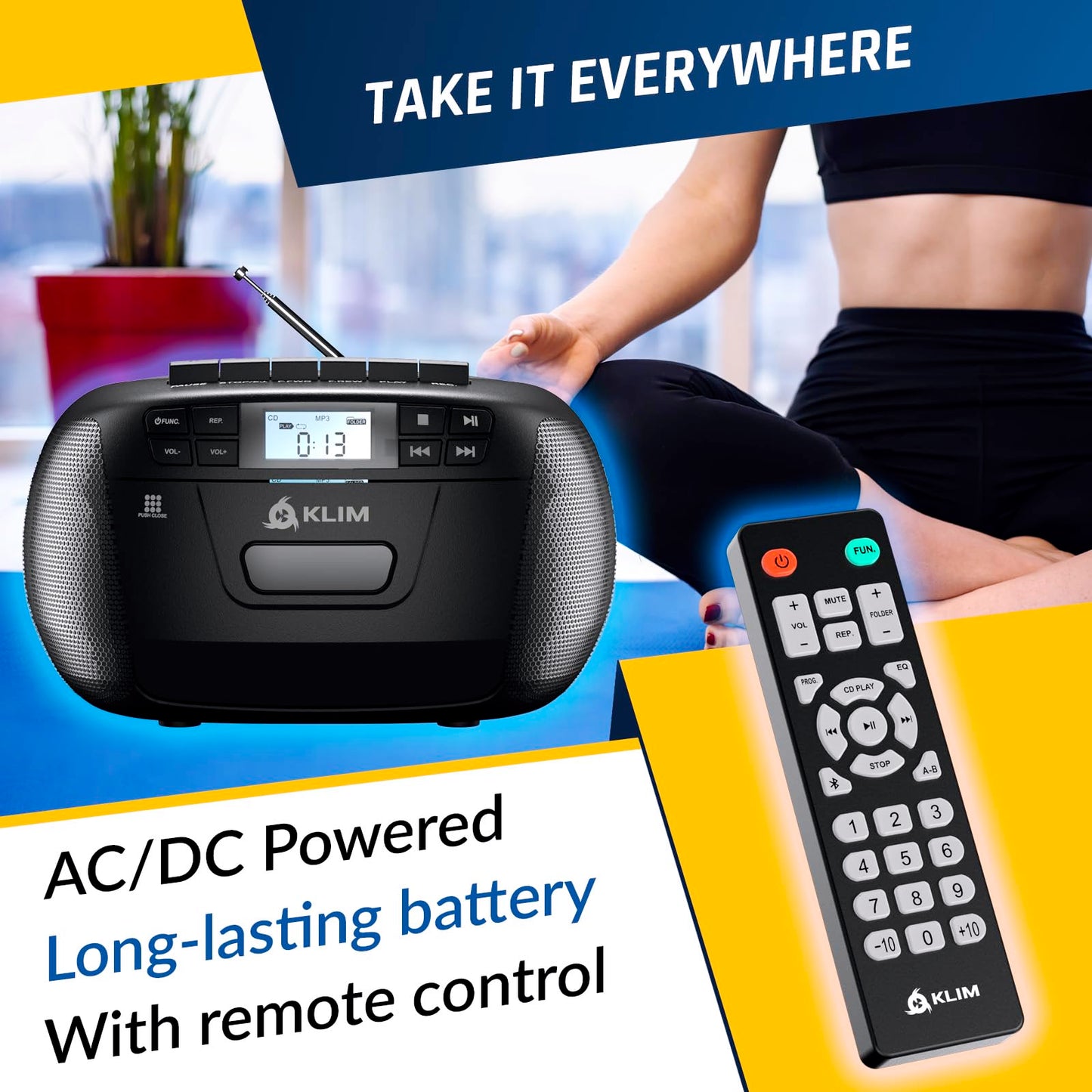 KLIM CD + reproductor de cinta de cassette, Bluetooth CD Boombox, radio AM/FM, sonido estéreo, control remoto, reproductor de CD y cassette, grabación de cinta, unidad USB, AUX
