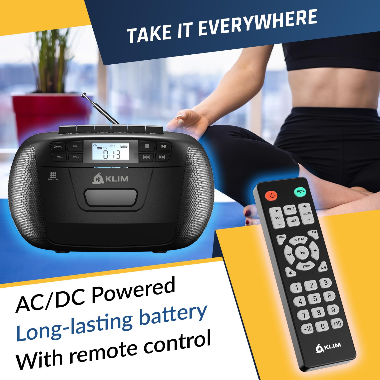 KLIM CD + reproductor de cinta de cassette, Bluetooth CD Boombox, radio AM/FM, sonido estéreo, control remoto, reproductor de CD y cassette, grabación de cinta, unidad USB, AUX