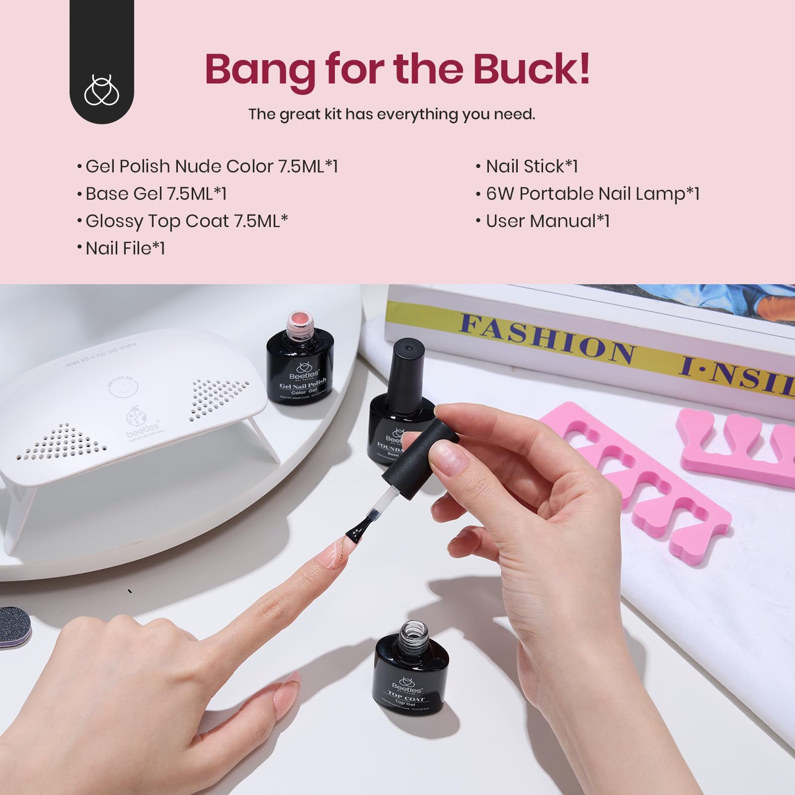 Kit de esmalte de uñas en gel Beetles Nude Pink con lámpara de uñas con luz LED UV, kit de inicio de 6 piezas, capa superior de gel base, juego de esmalte de gel Soak Off Nude Pink con lima de uñas para manicura DIY, uñas neutras, regalo para mujeres