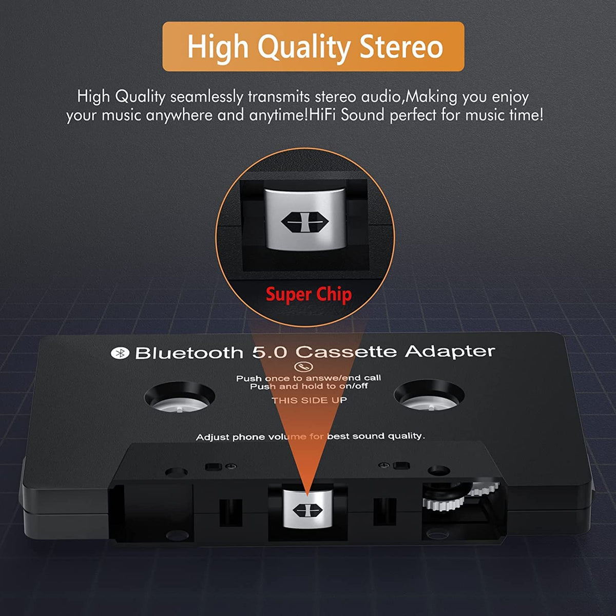 Adaptador Auxiliar de Casete Receptor Bluetooth 5.0 Negro para Música y Voz de Coche