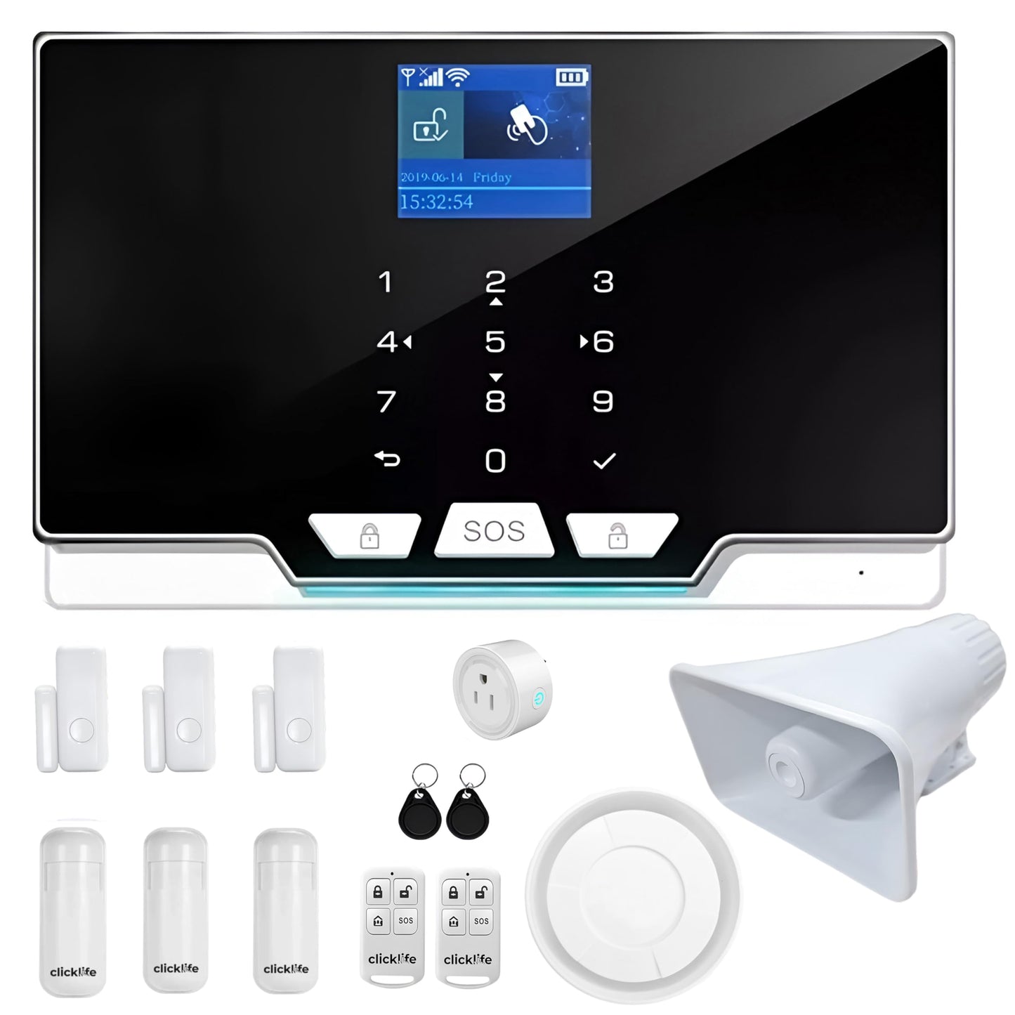 Clicklife Alarma para Casa Inalámbrica gsm y WiFi con 6 Sensores (3 de Movimiento y 3 Magnéticos) y Sirena de Control Remoto, RFID, Notificaciones en Tiempo Real, Compatible con Smartlife y Tuya