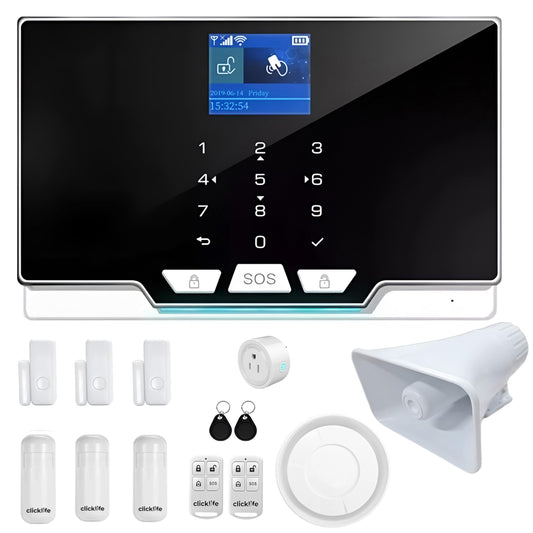 Clicklife Alarma para Casa Inalámbrica gsm y WiFi con 6 Sensores (3 de Movimiento y 3 Magnéticos) y Sirena de Control Remoto, RFID, Notificaciones en Tiempo Real, Compatible con Smartlife y Tuya