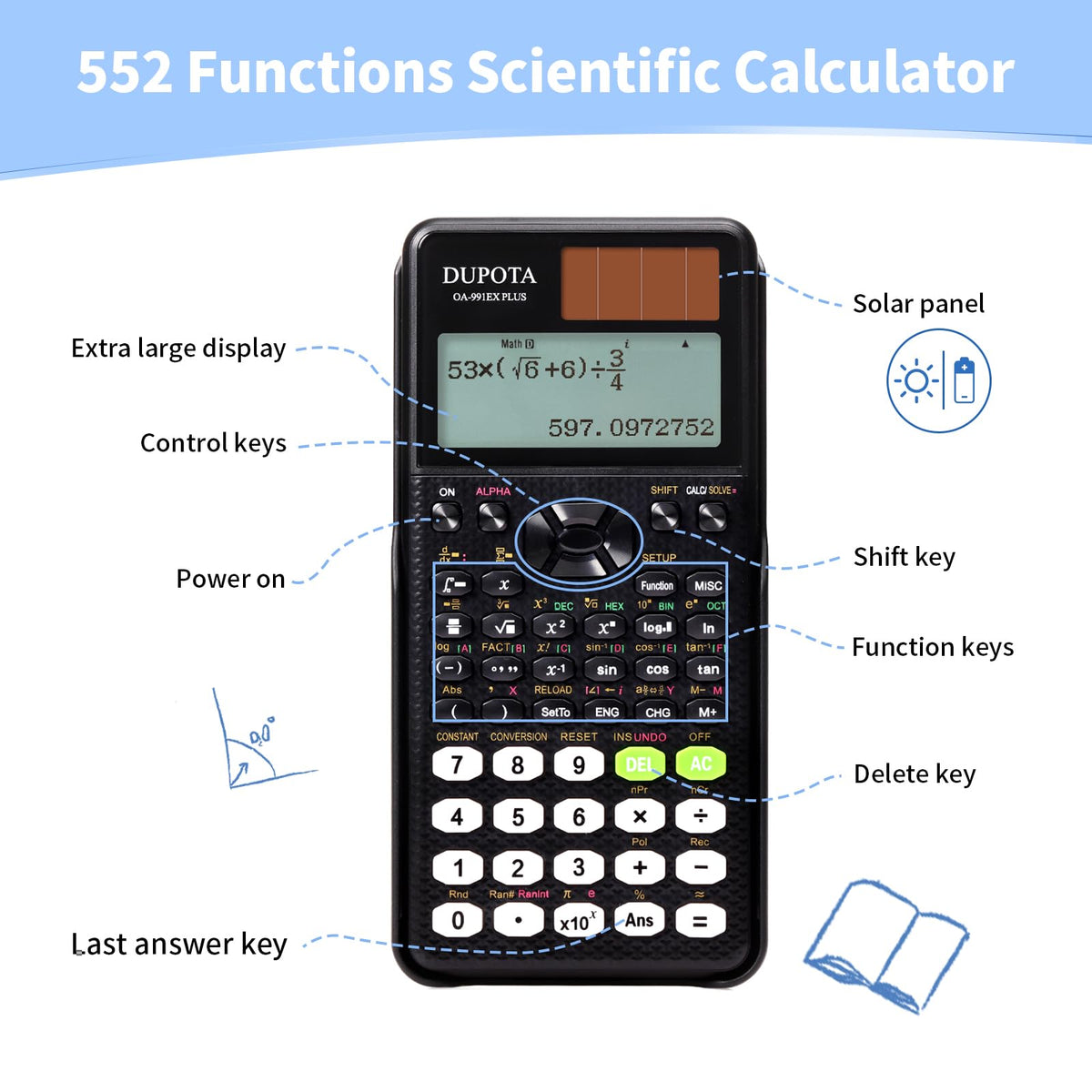 Calculadora Científica DUPOTA OA-991EX Negro Pantalla Solar y Batería 552 Funciones para Estudiantes y Profesores