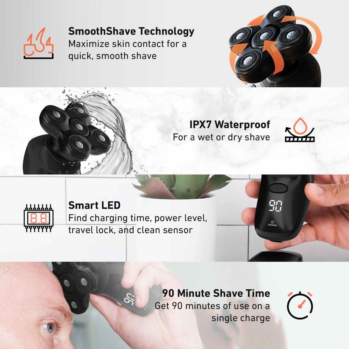 Groomie- Paquete de cuidado masculino: afeitadora eléctrica de cabeza BaldiePro para hombres calvos. Incluye estuche de viaje y cargador.