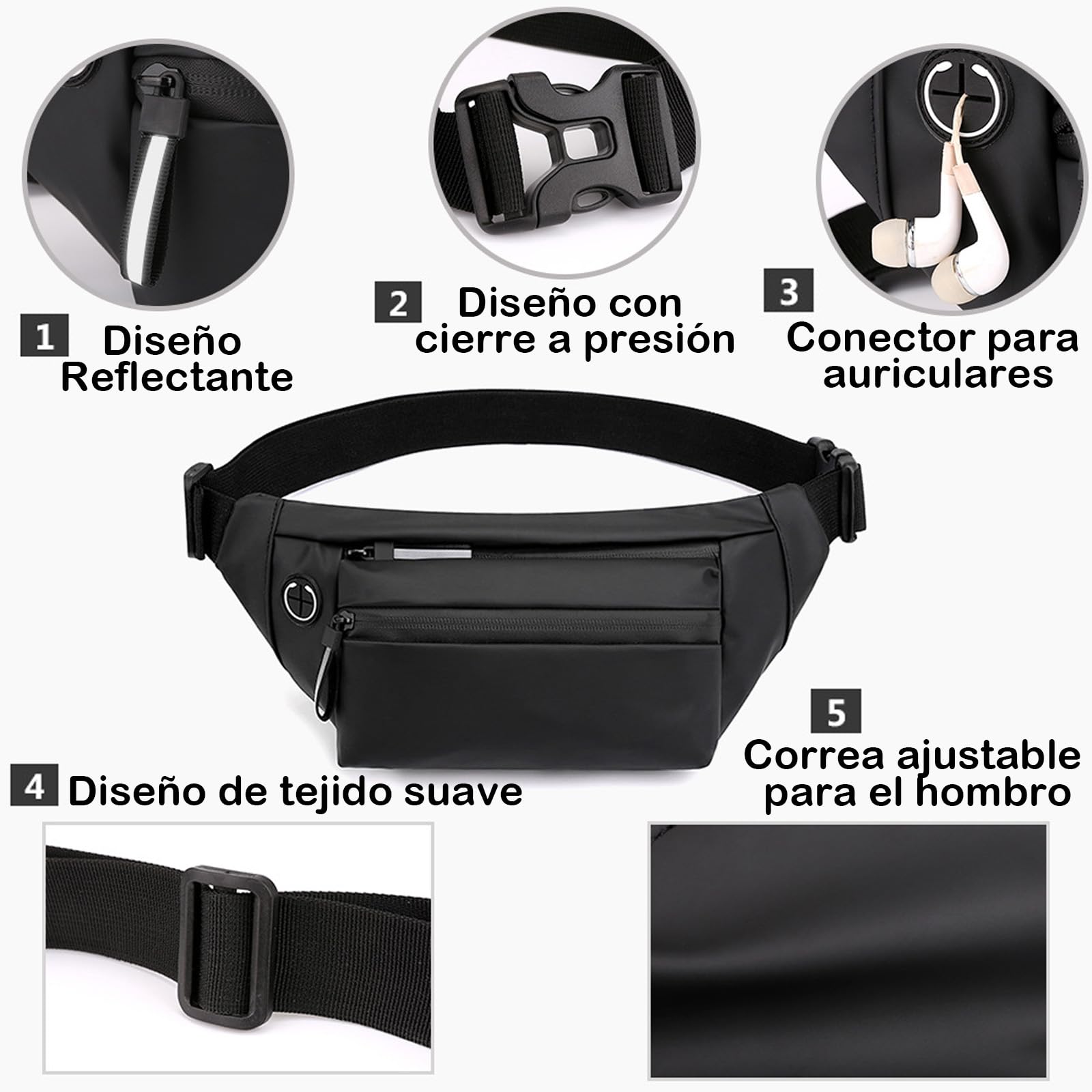 Cangurera Deportiva, Riñonera impermeable de gran capacidad,Multifuncionales Cangureras Deportivo de Cintura al Aire Libre, para Correr, Ciclismo, Mujeres, Hombres y Ocio(Negro)