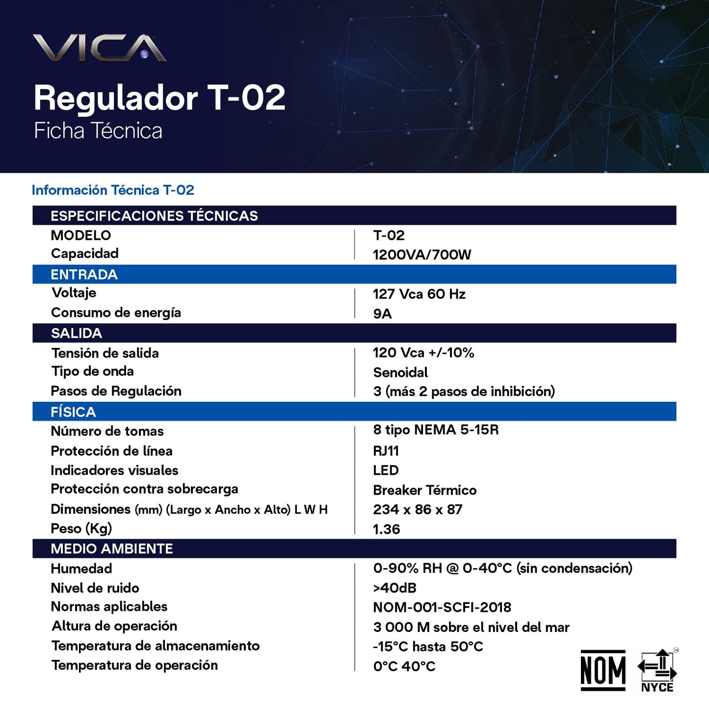 Regulador Electrónico de Voltaje VICA T-02 1200 VA 700 W empotrable con supresor de picos y puertos RJ11 RJ45