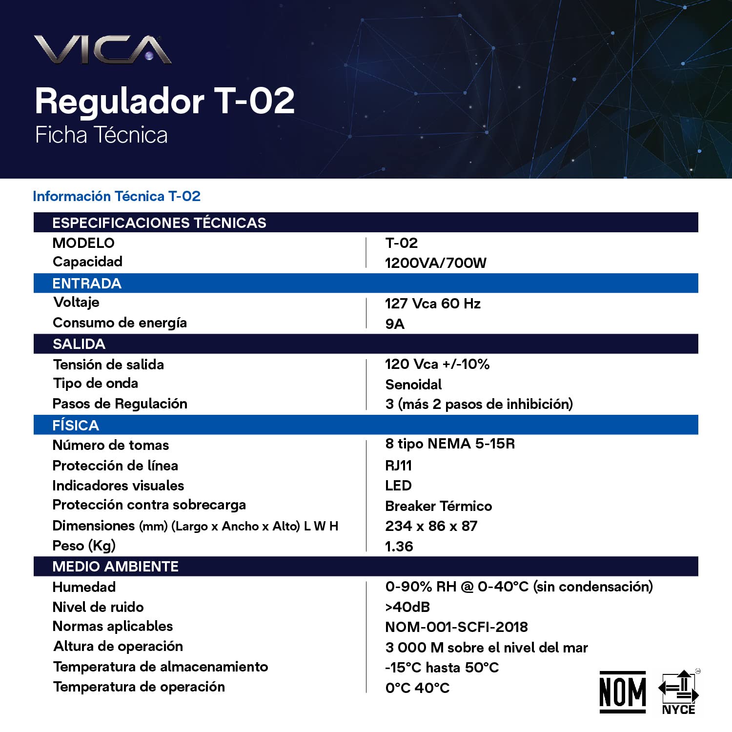 Regulador Electrónico de Voltaje VICA T-02 1200 VA 700 W empotrable con supresor de picos y puertos RJ11 RJ45