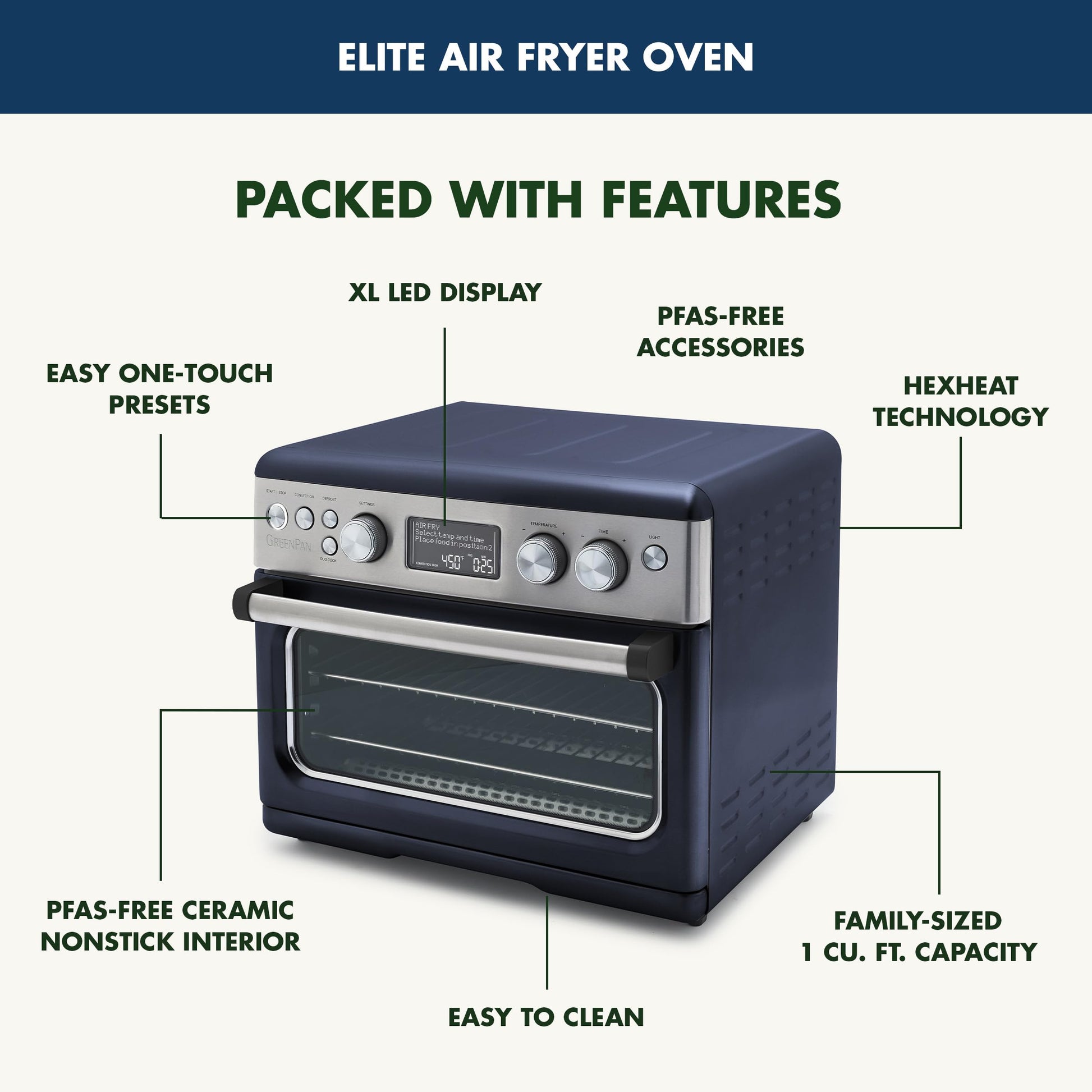 GreenPan Elite - Horno de convección para freír, 13 ajustes preestablecidos fáciles de usar, interior antiadherente sin PFAS, estantes ajustables, charola para hornear, bandeja para pizza, cesta,