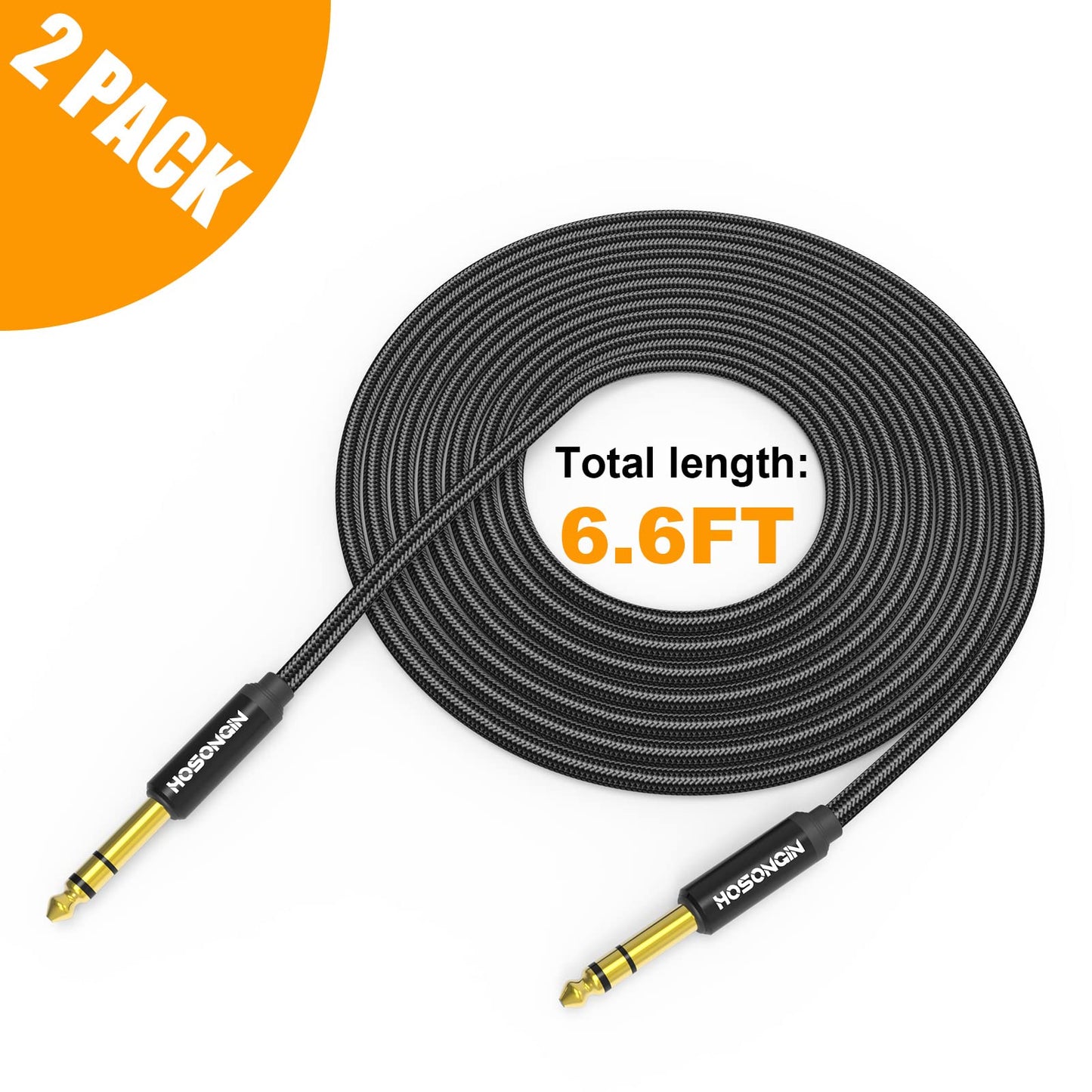 HOSONGIN TRS - Cable de instrumento de 1/4 pulgadas, paquete de 2 [nailon trenzado blindado], 1/4 pulgadas a 1/4 pulgadas TRS macho a macho, cable de audio estéreo, cuarto de pulgada, línea de