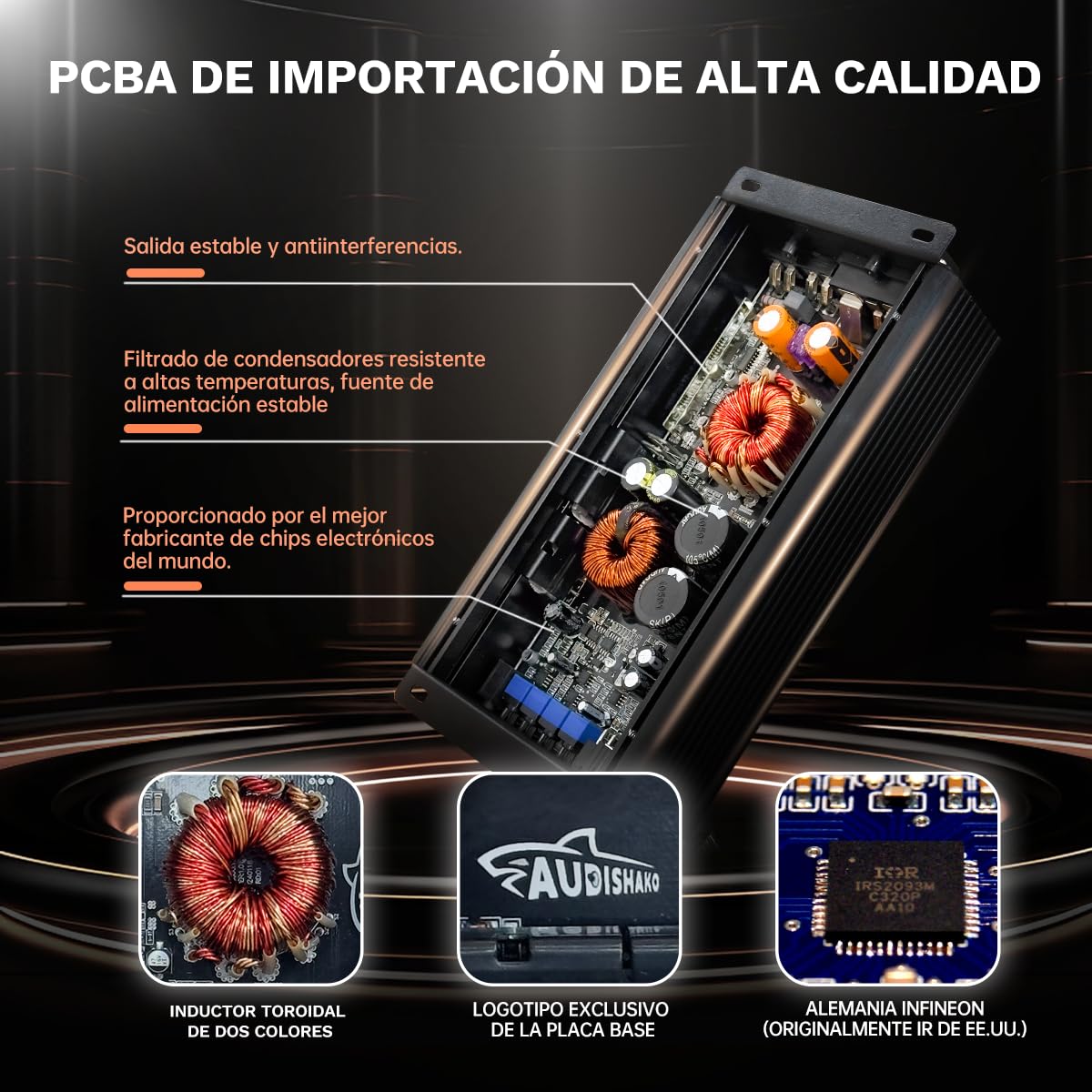 AUDISHAKO 3200W Amplificador de Audio para Coche de 1 Canal,Amplificador para Auto de Clase D, 2 Ohm 800W Subwoofer Amplificador para Motocicletas, Coches Deportivos y Otros Sistemas de Audio