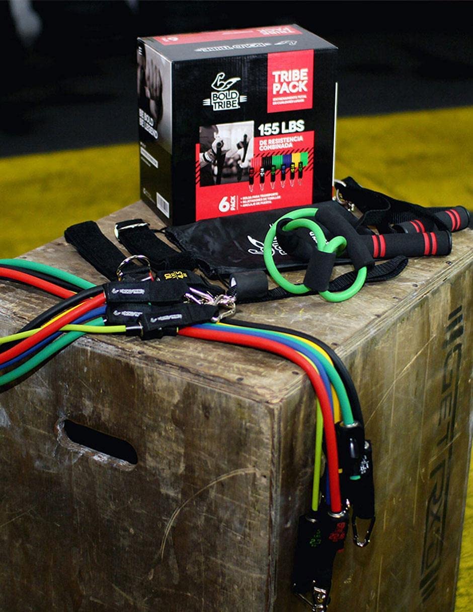 BOLD TRIBE Set Completo Tribe Pack con 14 Piezas - 6 Ligas de Resistencia Tubulares - 155 Lbs de Resistencia Combinada - Gym en Casa, Cross Training y Rehabilitación - Gimnasio