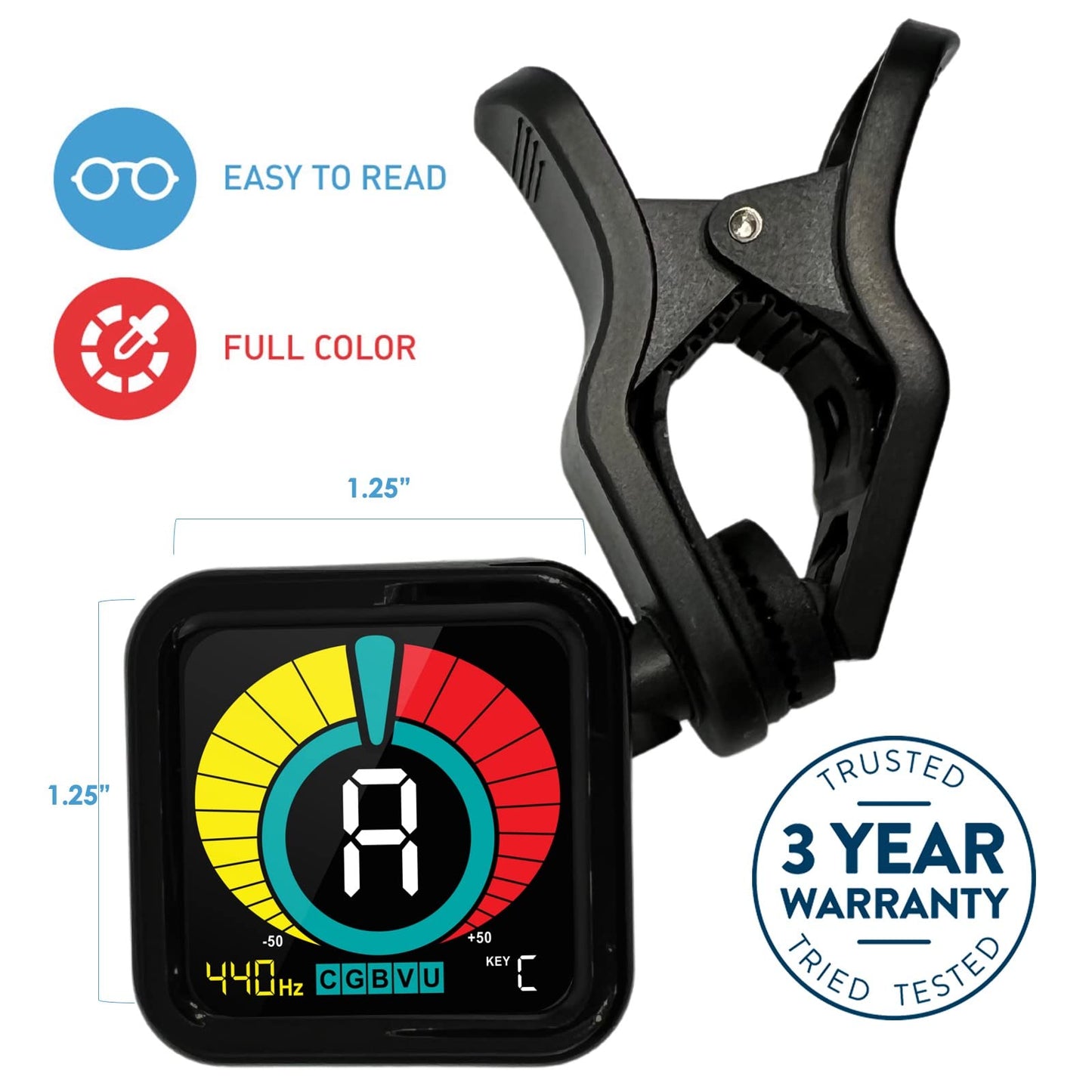 KLIQ UberTuner-Max, sintonizador de clip recargable por USB para guitarra, bajo, violín, ukelele y todos los instrumentos, afinación cromática rápida y precisa con visualización de octava y detección