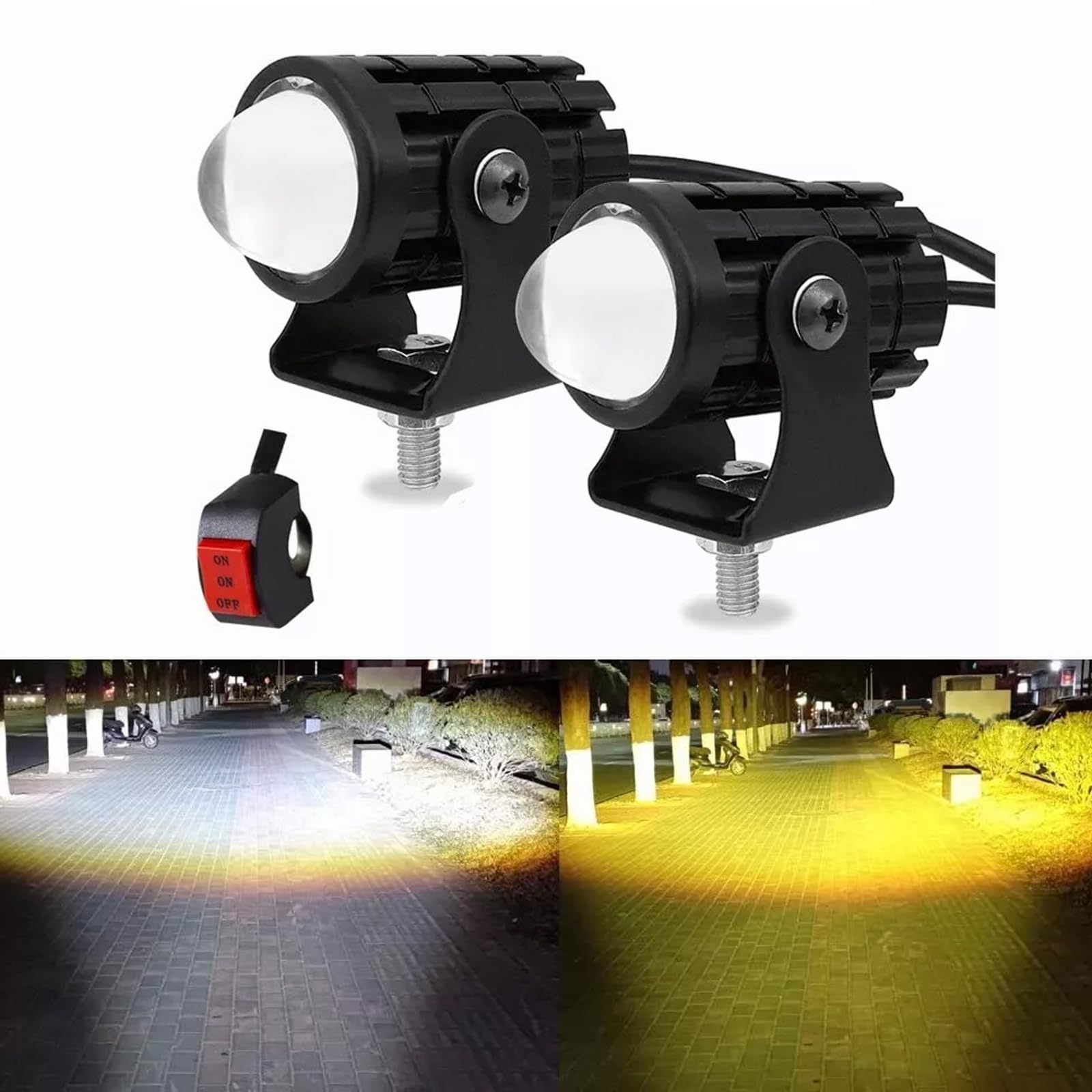 BAKEWAY Luces de Conducción de Motocicleta 65W - Antiniebla Con Dos Colores, 6000K LED Impermeable Para Moto, SUV, UTV, Bicicleta Eléctrica