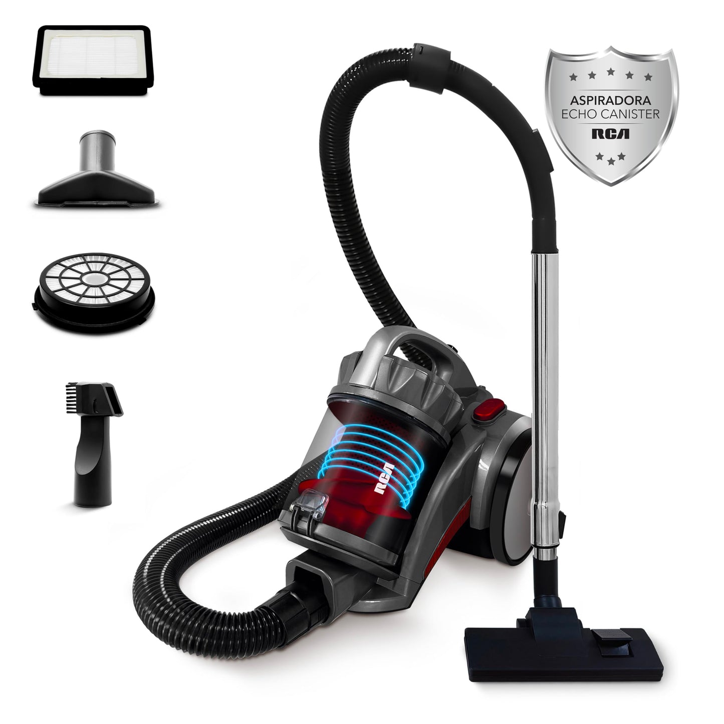 RCA Aspiradora Canister Echo RC-A2, Regulador de Succión, Filtro HEPA, Capacidad 2 L Extraíble, Ideal para Mascotas y Polvo, Accesorios Incluidos, Hogar y Alfombras, Cable de 5 m, Ligera y Portátil