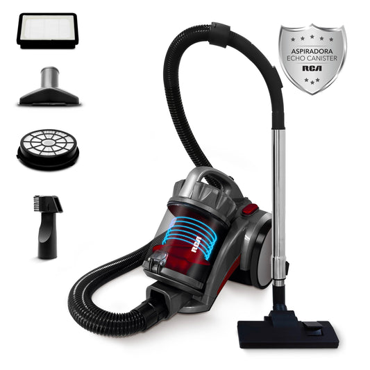 RCA Aspiradora Canister Echo RC-A2, Regulador de Succión, Filtro HEPA, Capacidad 2 L Extraíble, Ideal para Mascotas y Polvo, Accesorios Incluidos, Hogar y Alfombras, Cable de 5 m, Ligera y Portátil
