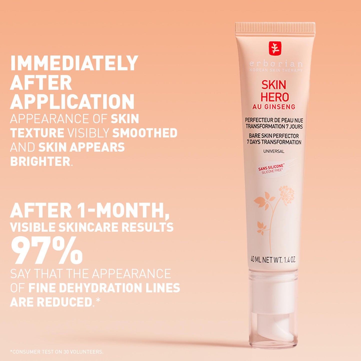 Erborian Skin Hero con ginseng blanco, cuidado facial sin teñir para perfeccionar la piel desnuda de 7 días con ácido hialurónico, cuidado facial cosmético coreano, 15 ml