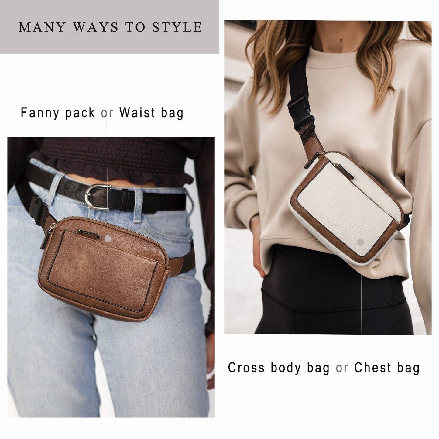 CLUCI - Riñonera para mujer, mini bolso cruzado en todas partes, correa ajustable, piel vegana, riñonera para mujer, Café oscuro, Una talla