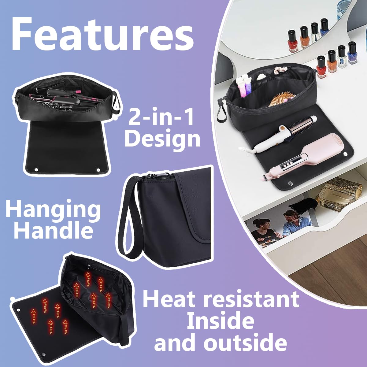 Hair Tools - Bolsa de viaje, funda de viaje de hierro plano 2 en 1 con almohadillas resistentes al calor, bolsos de viaje para peluquería resistente al calor para rizadores (Negro)