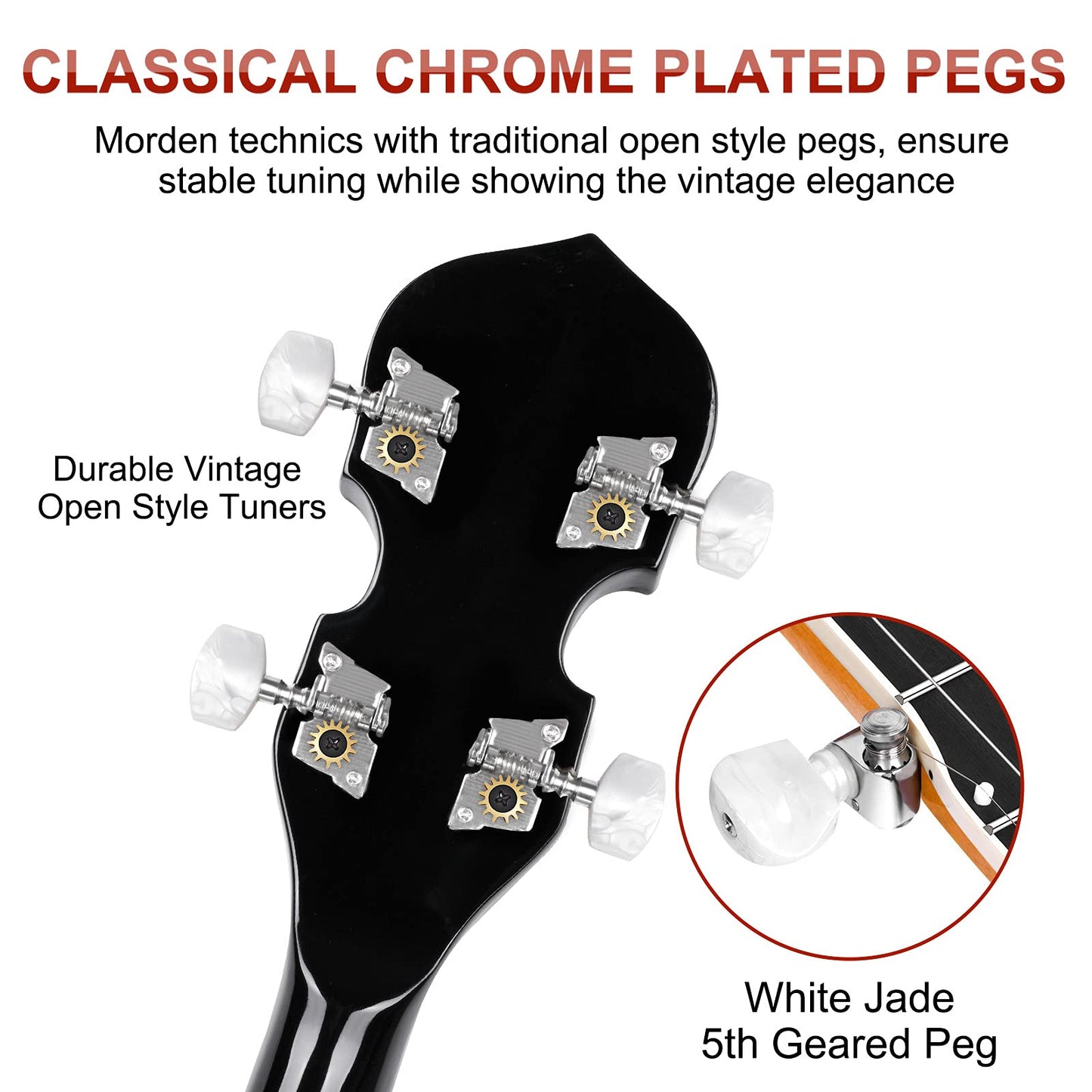 Vangoa Banjo - Juego de 5 cuerdas y acústicos eléctricos de tamaño completo con cabeza de retorno de caoba, cabeza de retorno, banjoe, 24 soportes con 5ª clavijas para principiantes y adultos