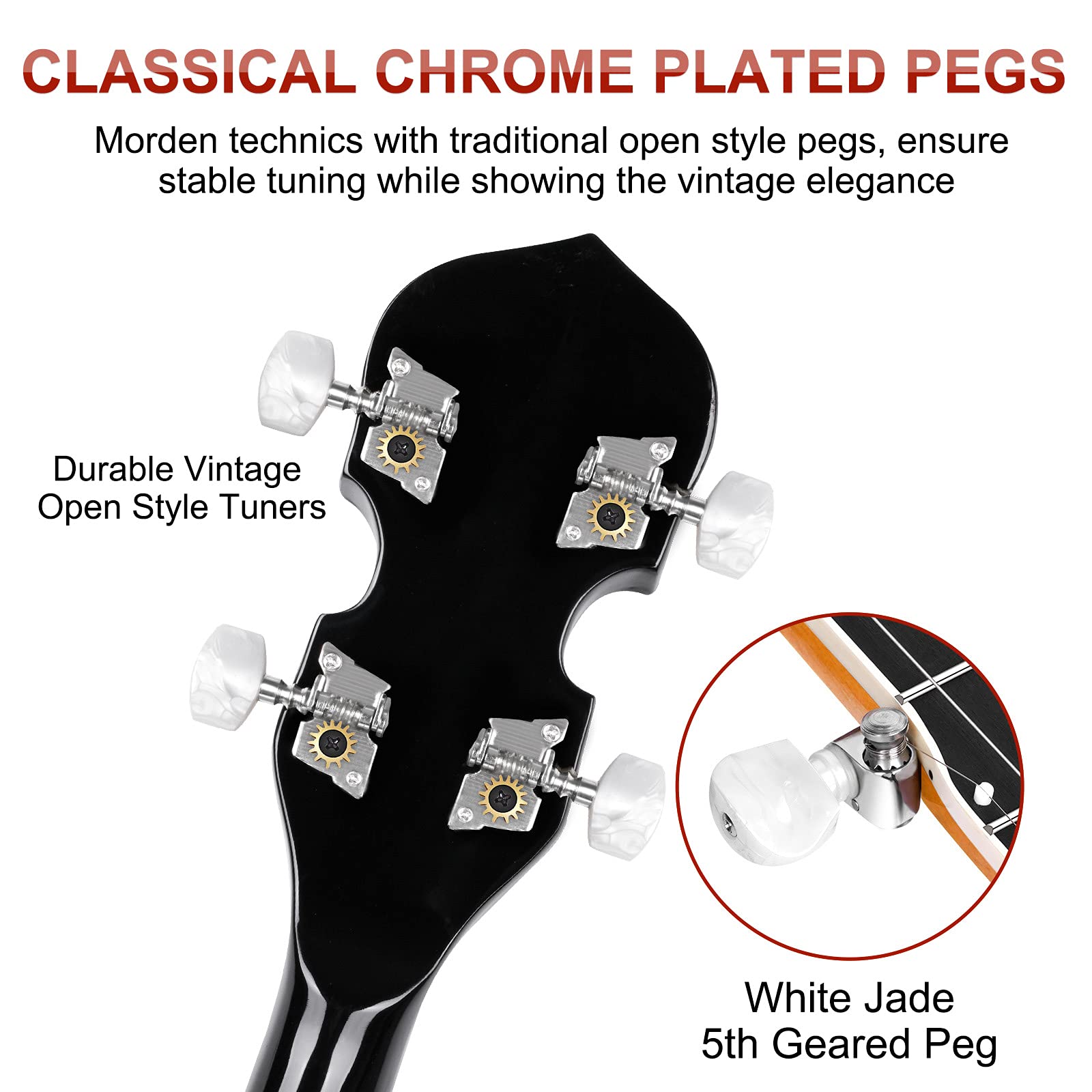 Vangoa Banjo - Juego de 5 cuerdas y acústicos eléctricos de tamaño completo con cabeza de retorno de caoba, cabeza de retorno, banjoe, 24 soportes con 5ª clavijas para principiantes y adultos