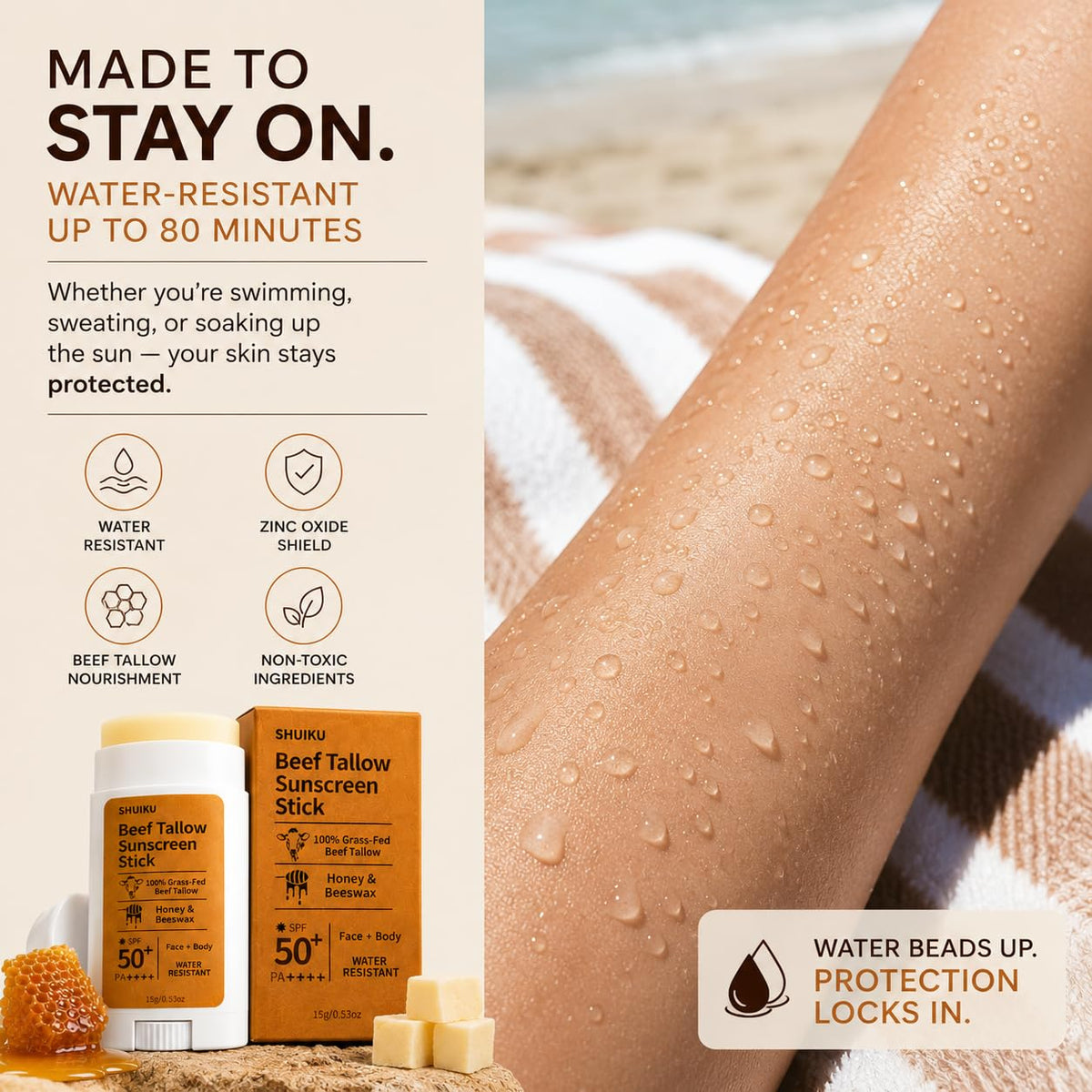 SHUIKU Barra De Protector Solar Orgánico De Sebo De Res Fps 50 – Protector Solar Mineral A Base De Sebo Con Miel Y Cera De Abejas Para Rostro Y Cuerpo, Bloqueador Solar Natural Resistente Al Agua, 15