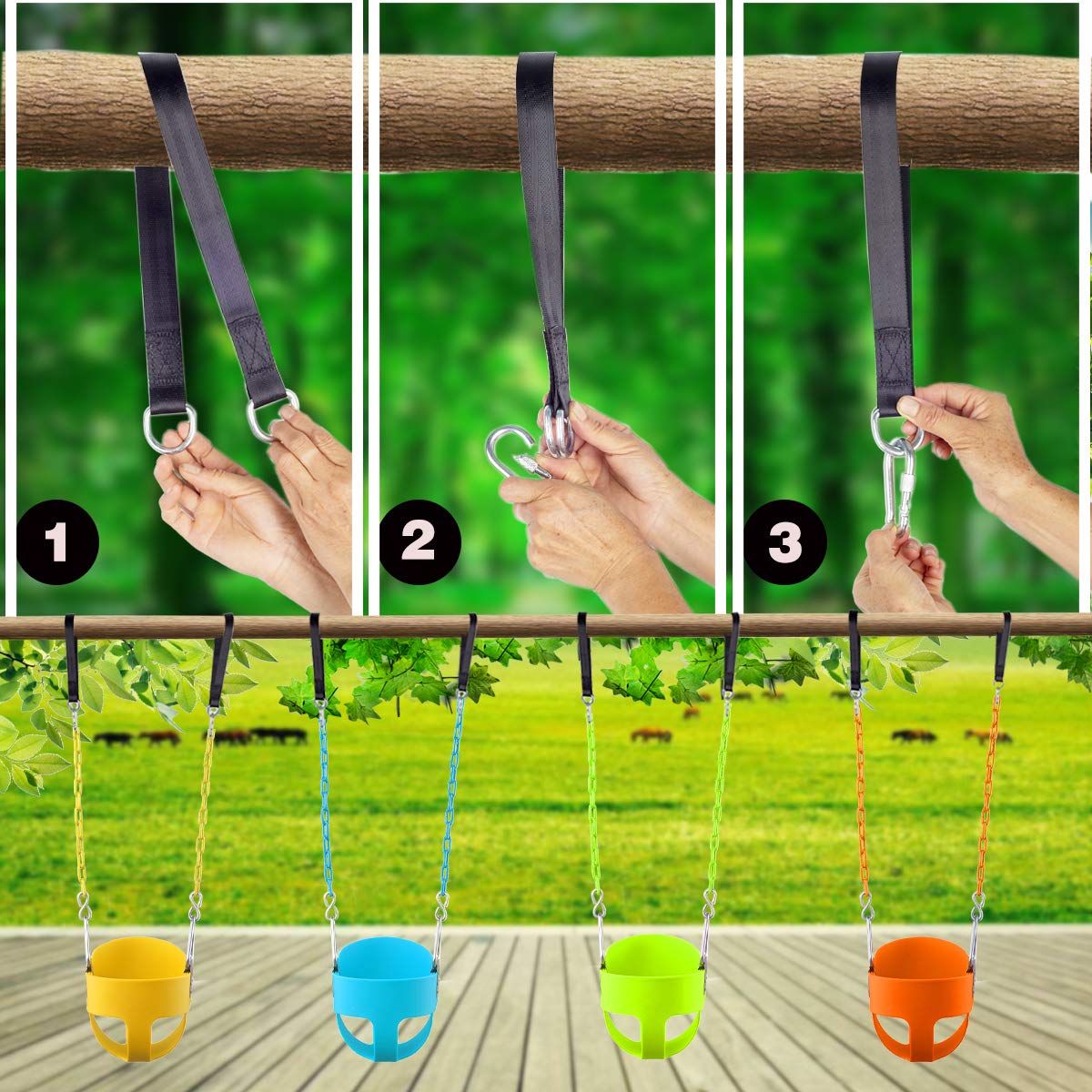 KINSPORY Asiento de Columpio, 150cm Columpio para bebé con Cadenas de Hierro Resistentes recubiertas, Juego de Columpio al Aire Libre con Respaldo Alto y Correas para árboles - Amarillo
