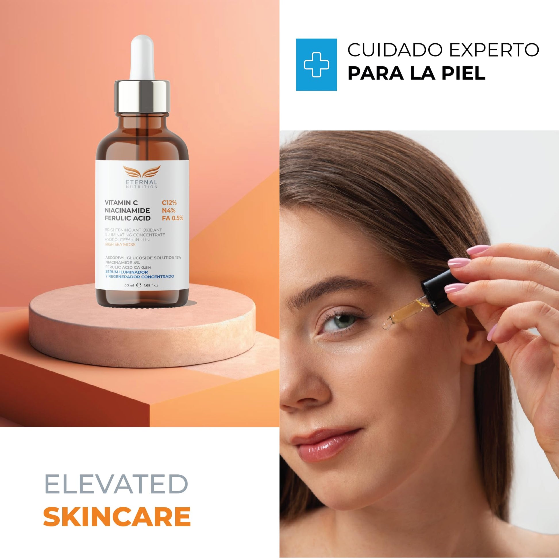 Serum VITAMIN C12%, Nacinamide 4%, Ferulic Acid 0.5%. 50ml. Suero Antimanchas e imperfecciones | Ingredientes Naturales | Skin Care | Luminosidad, Hidratación, Firmeza y Tono Uniforme | Para Todo Tipo de Piel by ETERNAL NUTRITION