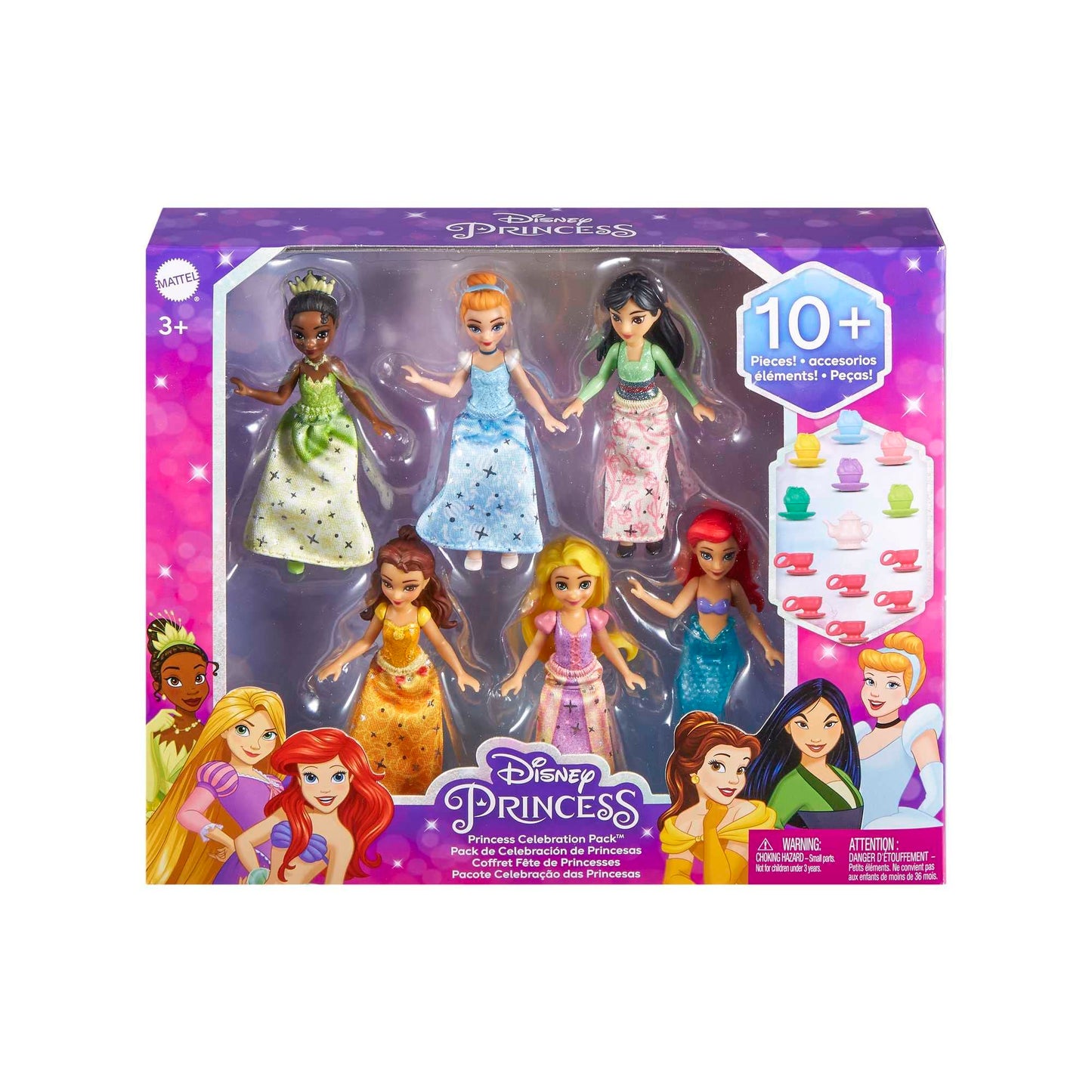 Juego de Fiesta Mattel Disney Princess en Ropa Brillante con 6 Muñecas y 13 Accesorios para el Té