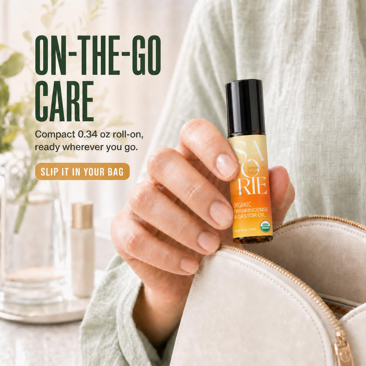 Satorie Aceite Orgánico De Ricino E Incienso Con Cuarzo Rosa En Roll-On - Mezcla De Aceites Esenciales Certificada Por El Usda, Roll-On Con Efecto Antiedad, Ideal Para Rostro, Contorno De Ojos,