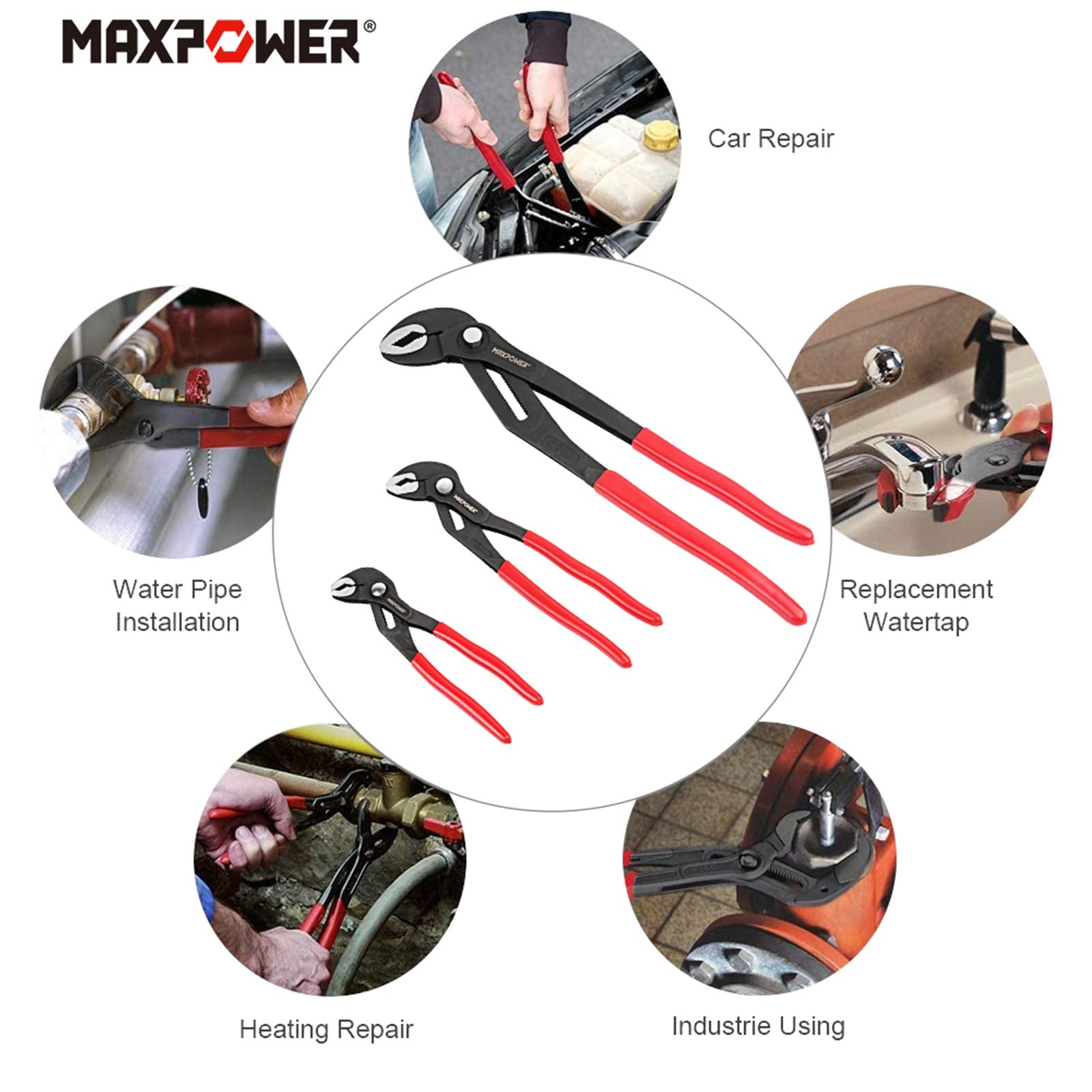 MAXPOWER Juego de alicates para bomba de agua. Juego de 3 alicates de fontanería Juego de alicates de lengüeta y ranura de ajuste rápido de 7 pulgadas, 10 pulgadas y 16 pulgadas
