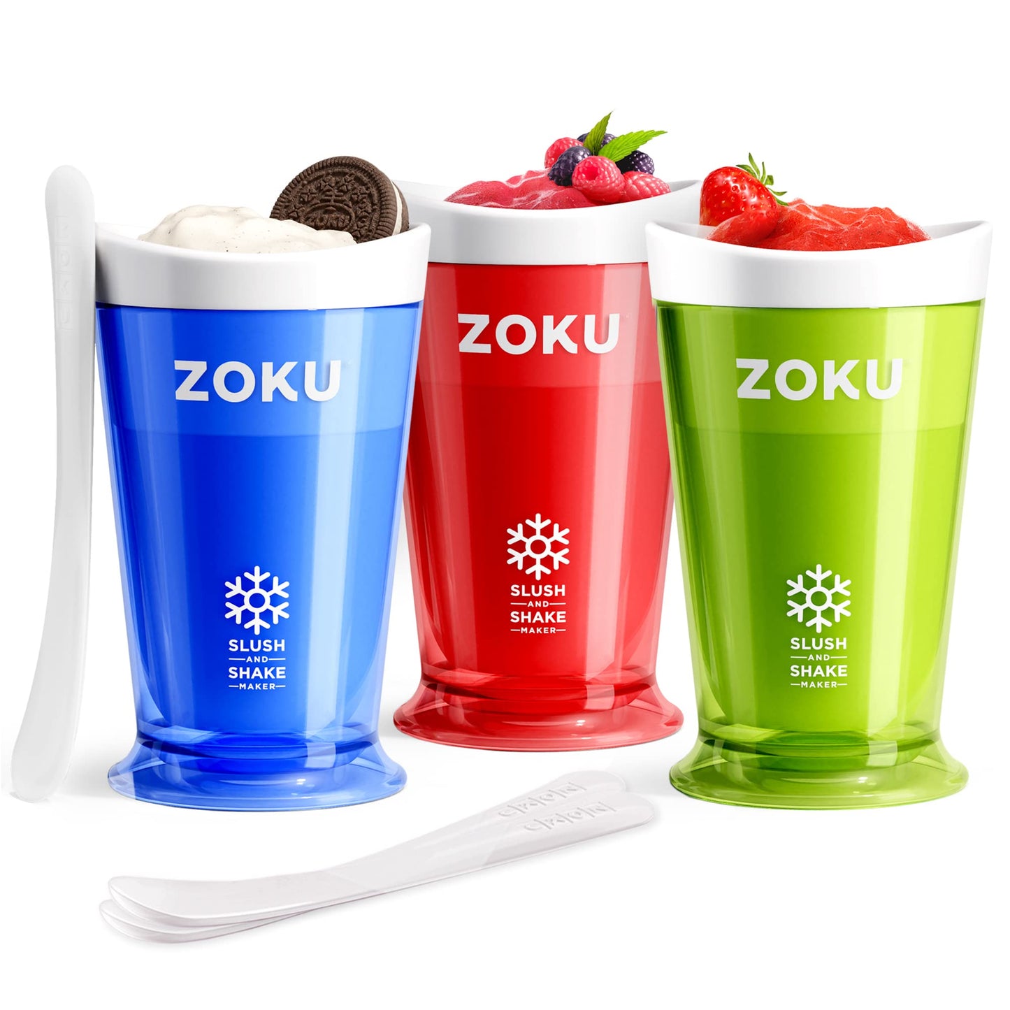 ZOKU Original Slush and Shake Maker, paquete de 3 tazas para granizados caseros de rápida congelación, batidos de frutas y batidos en minutos, azul/rojo/verde, juego de 3 unidades