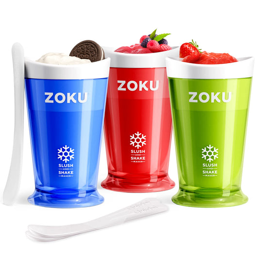 ZOKU Original Slush and Shake Maker, paquete de 3 tazas para granizados caseros de rápida congelación, batidos de frutas y batidos en minutos, azul/rojo/verde, juego de 3 unidades