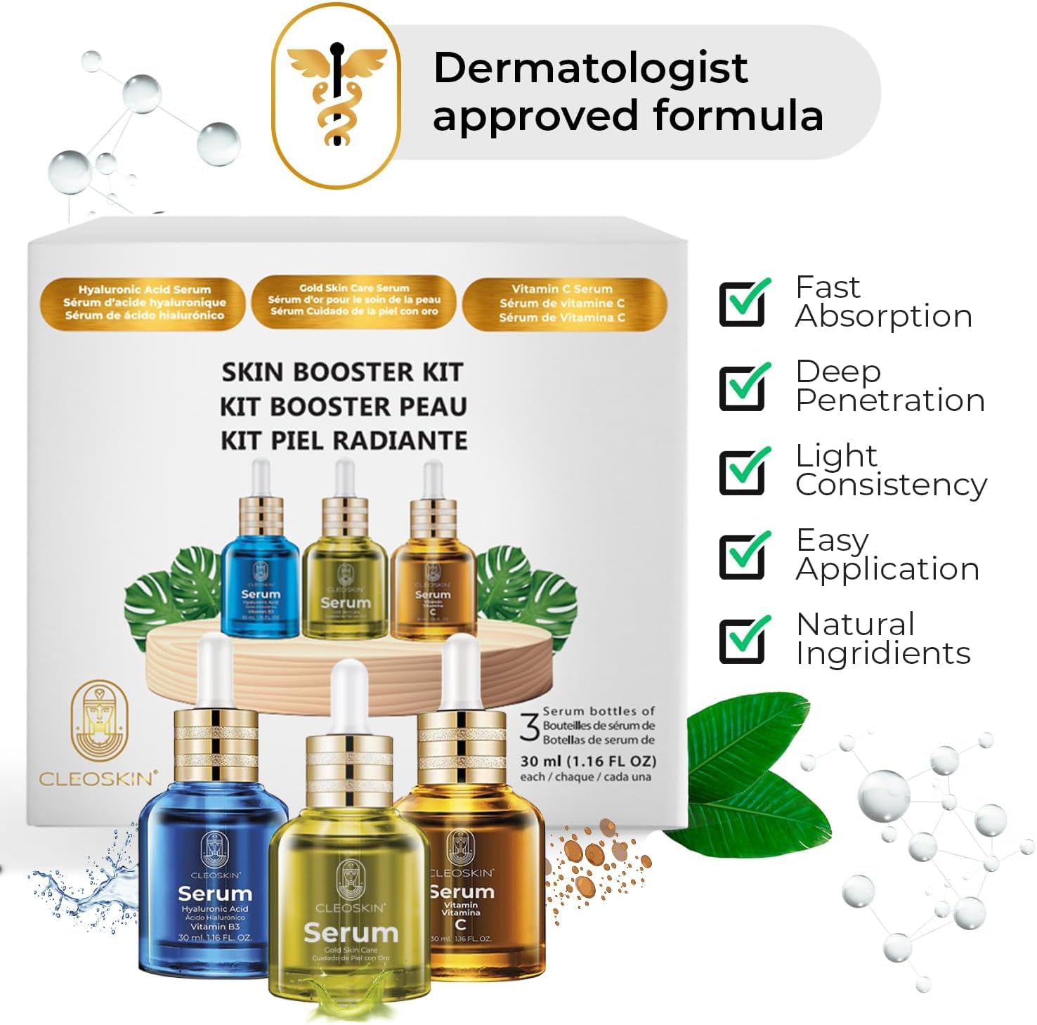 CLEOSKIN Kit 3 sueros faciales, Serum Vitamina C (ácido ascórbico), Serum Ácido Hialurónico con Niacinamida y Serum 24k Oro, para el cuidado de la piel, skincare