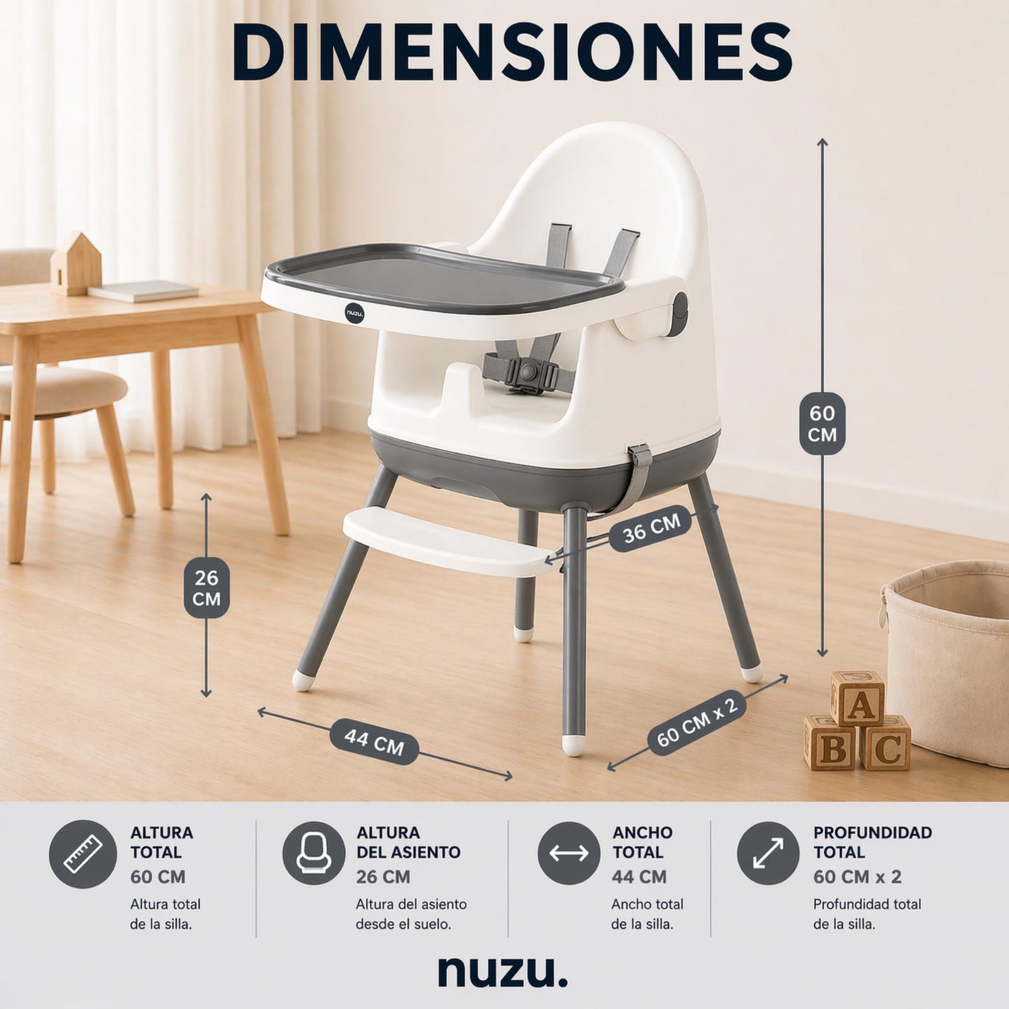 NUZU Periquera para Bebe 3 en 1 | Silla para Bebe Comer Multifuncional con Seguridad y Estilo | Versatilidad en Espacios Reducidos | Asiento Elevador Ajustable para Bebes 6 meses a 4 Años.(Gris)