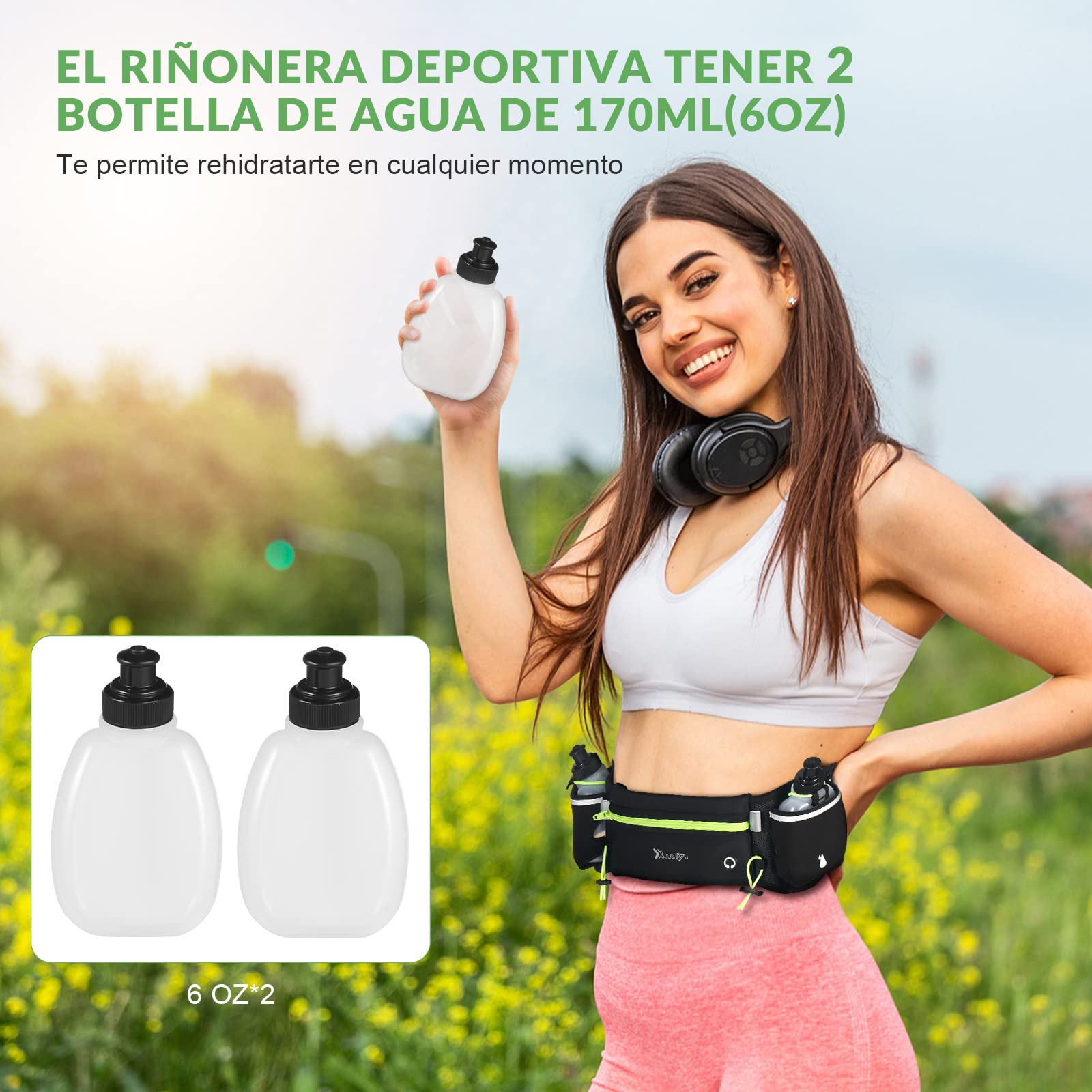 Cangurera Deportiva, LonEasy Cangureras para Correr con 2 Botellas de Agua, Riñonera impermeable reflectante con Cinturón Regulable, Ideal para Caminar, Ciclismo, Correr, Deportes al Aire Libre