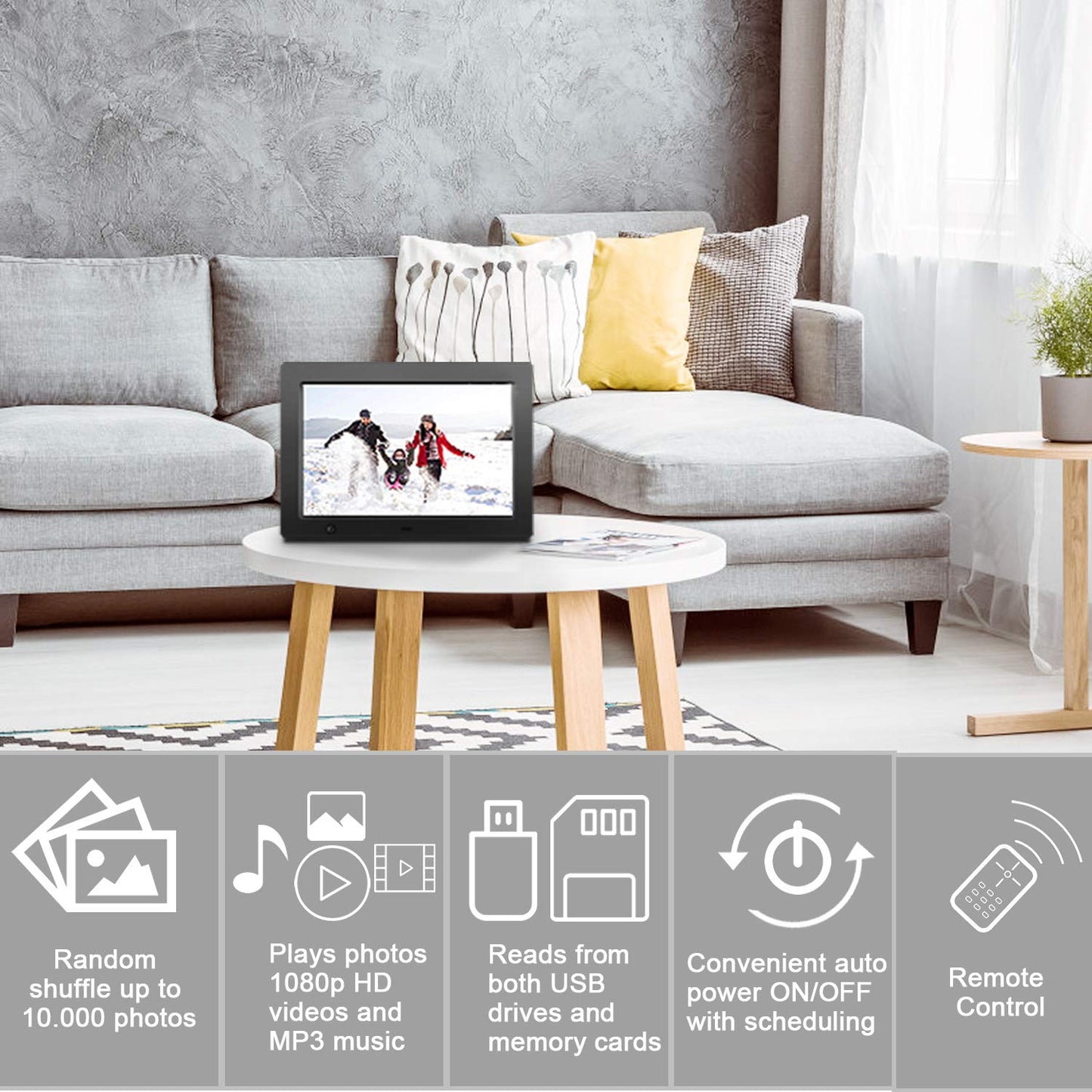 FLYAMAPIRIT - Marco digital para fotos de 10 pulgadas con visualización HD IPS con sensor de movimiento, vídeo, música de fondo, calendario, reloj, rotación automática, los mejores regalos