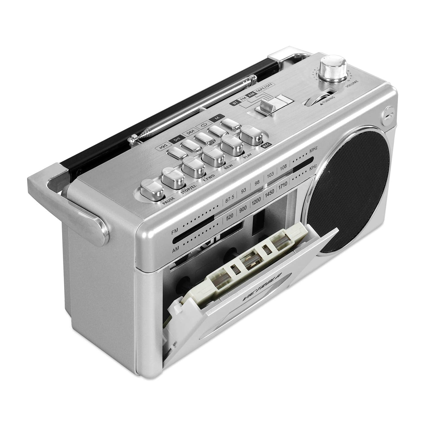Boombox Bluetooth Victrola Plateado Mini con Radio AM/FM y Reproductor de Cassettes