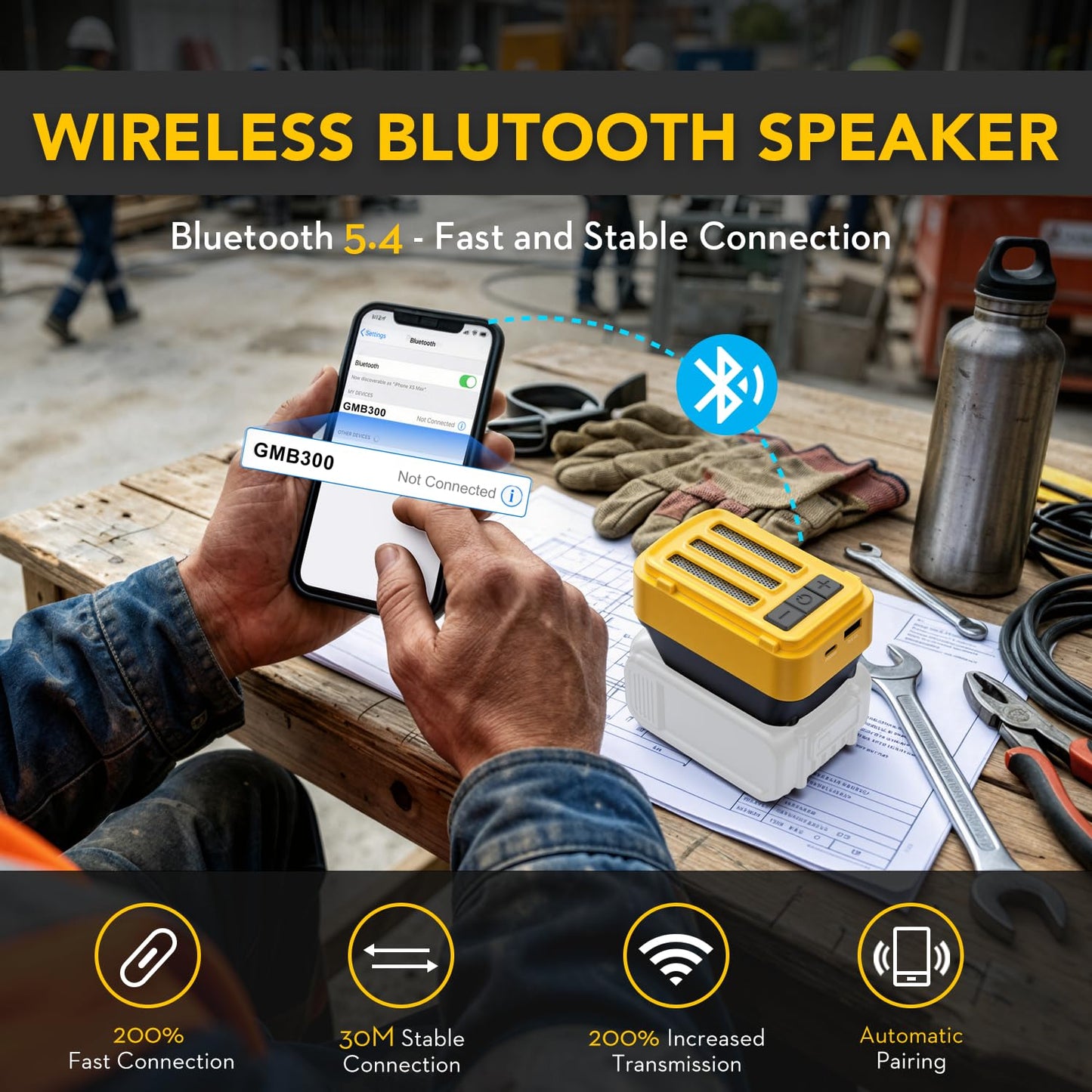 SurgeSonic - Altavoz Bluetooth para batería Dewalt de 20 V máximo, altavoz inalámbrico con carga USB-A/C, para lugares de trabajo al aire última intervensión, fiestas, cochera, campamento (batería no