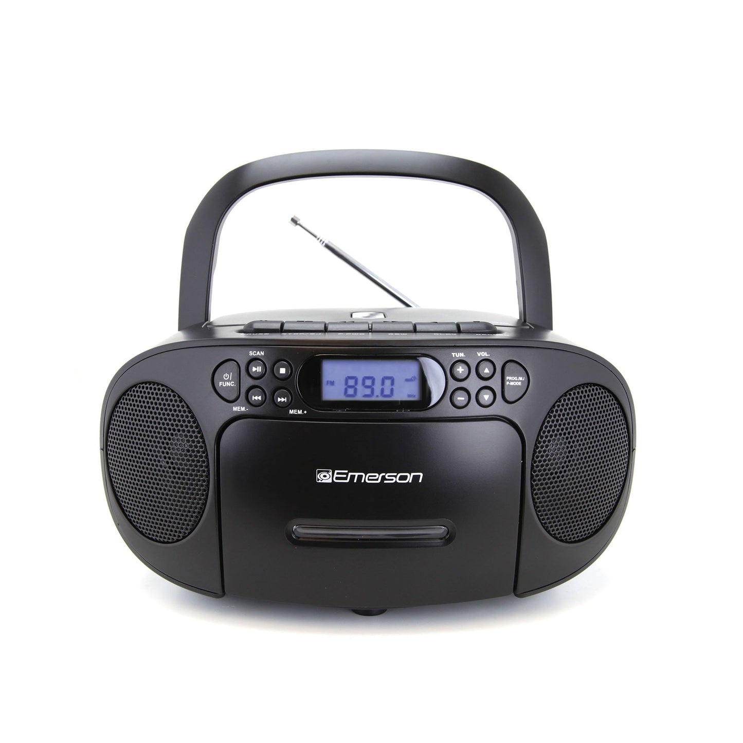 Reproductor de CD Portátil Emerson Negro con Cassette, Grabadora de Cinta, Radio AM/FM y Altavoces Duales