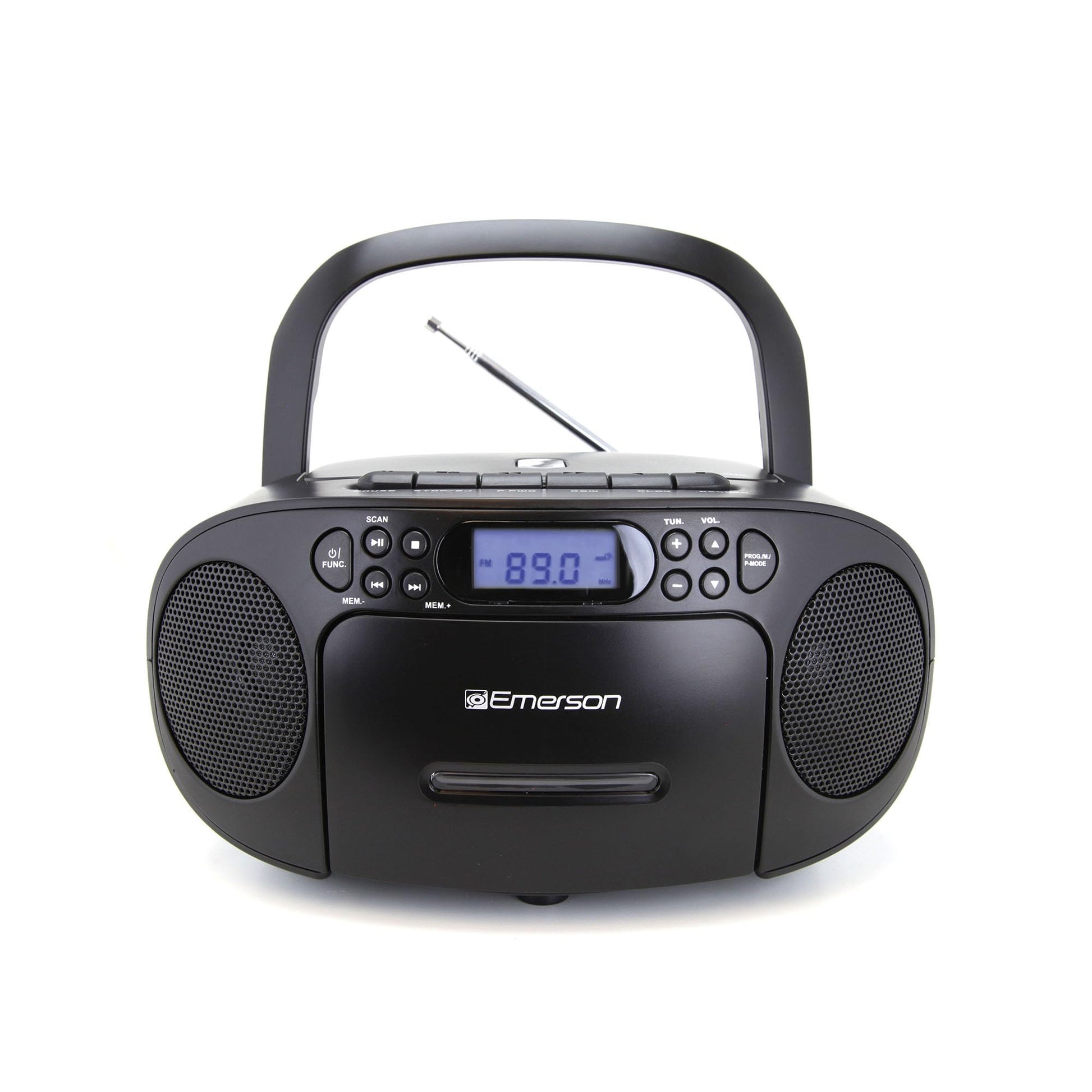 Reproductor de CD Portátil Emerson Negro con Cassette, Grabadora de Cinta, Radio AM/FM y Altavoces Duales
