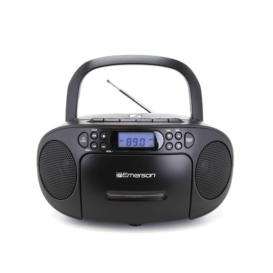 Reproductor de CD Portátil Emerson Negro con Cassette, Grabadora de Cinta, Radio AM/FM y Altavoces Duales