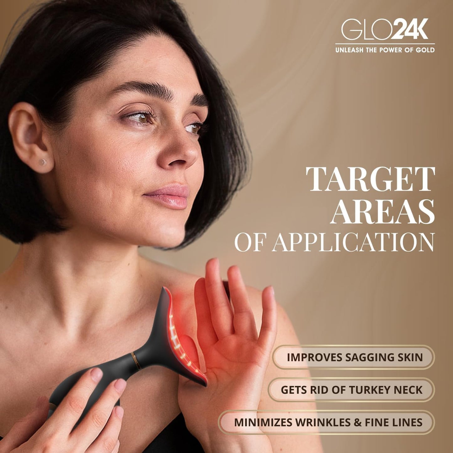GLO24K - Dispositivo de belleza para rejuvenecimiento de la piel para cara y cuello, basado en tecnología LED de triple acción, térmica y vibración. Levanta y aprieta la piel flácida para una apariencia radiante.